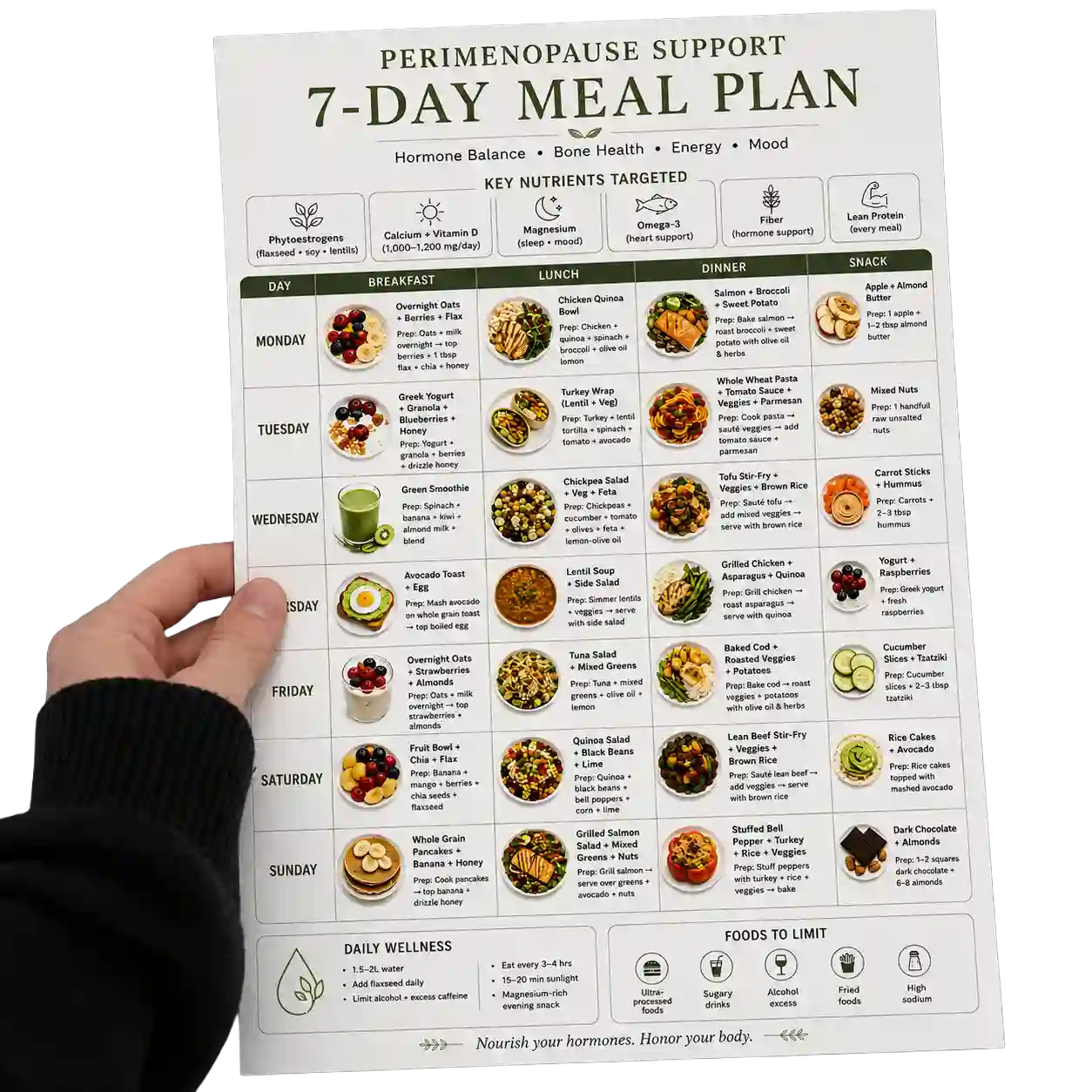 7-Day Meal Plan für Perimenopause mit Mahlzeiten und Nährstoff-Fokus in Handhaltung