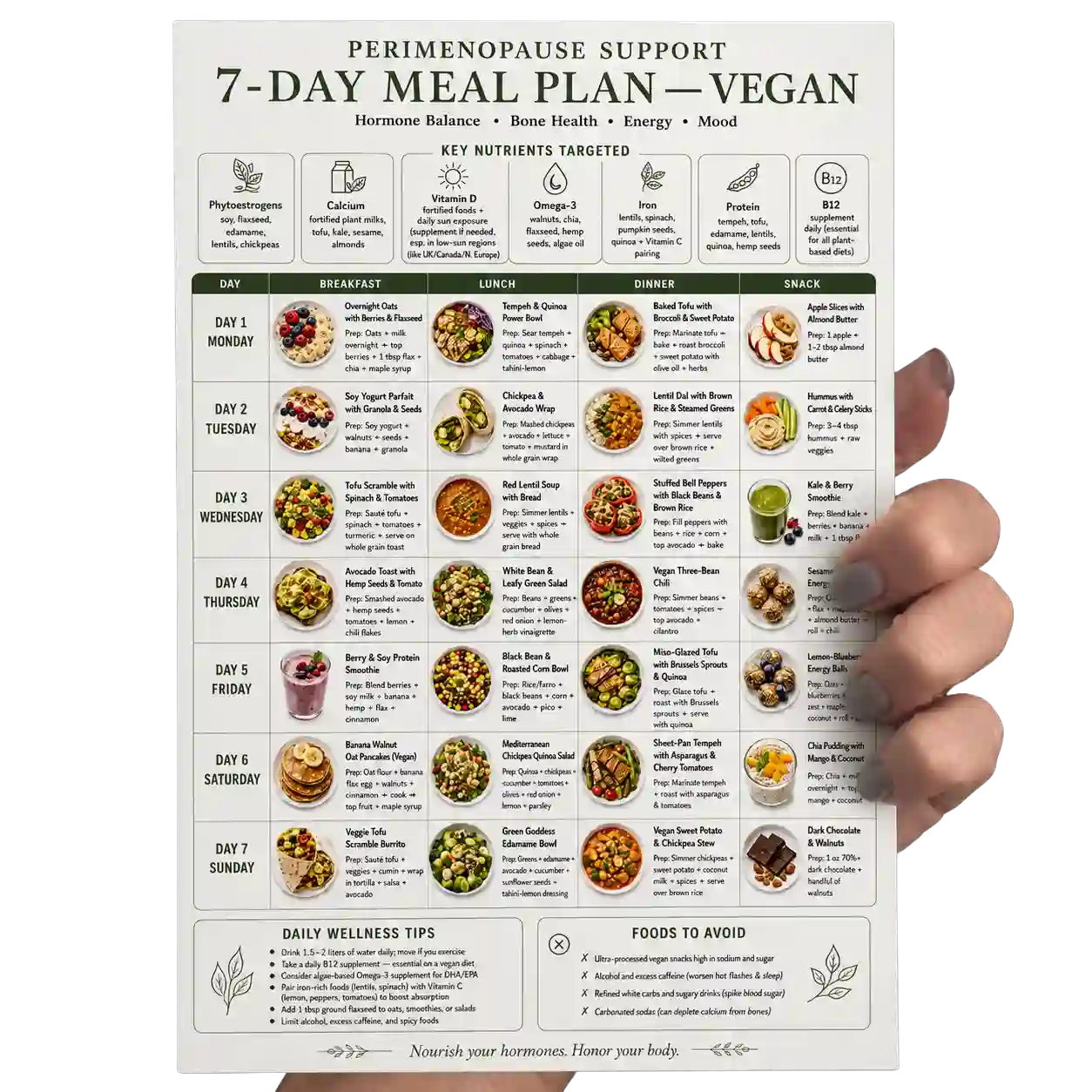 7-Day Vegan Meal Plan für Perimenopause mit pflanzlichen Rezepten in Handhaltung