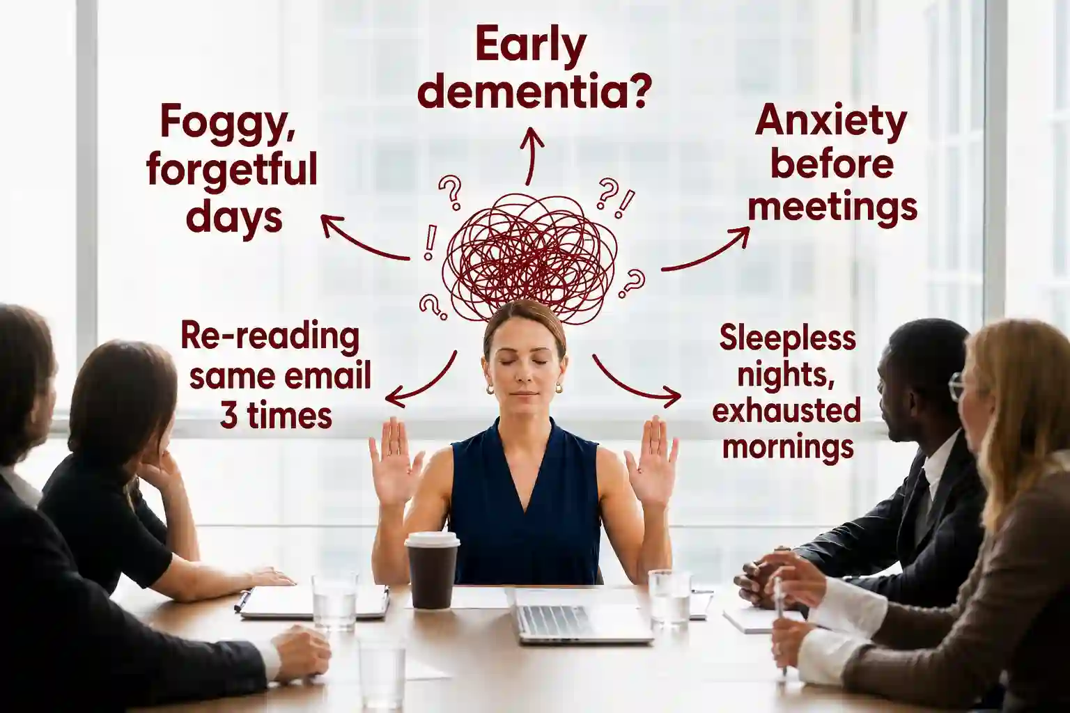Frau in Business-Meeting mit überlagerten Symptomen: Brain Fog, Schlaflosigkeit, Angst, Gedächtnisprobleme