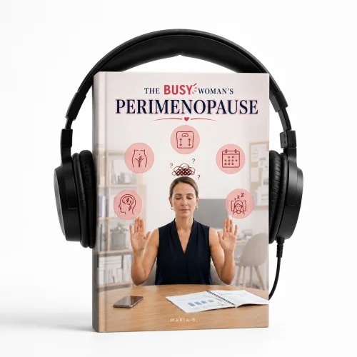Audiobook-Cover The Busy Woman's Perimenopause mit Kopfhörern für Karriereschutz-System