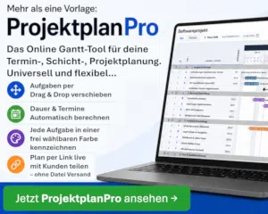 ProjektplanPro Banner mit Online-Gantt-Tool Übersicht und grünem Call-to-Action Button