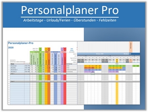 Personalplaner Pro Produktabbildung mit farbigen Arbeitszeitblöcken und Übersichtstabellen