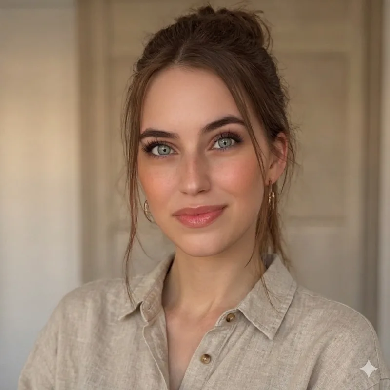 Porträt einer Frau mit braunen Haaren, natürlichem Make-up, beiger Leinenbluse vor hellem Hintergrund