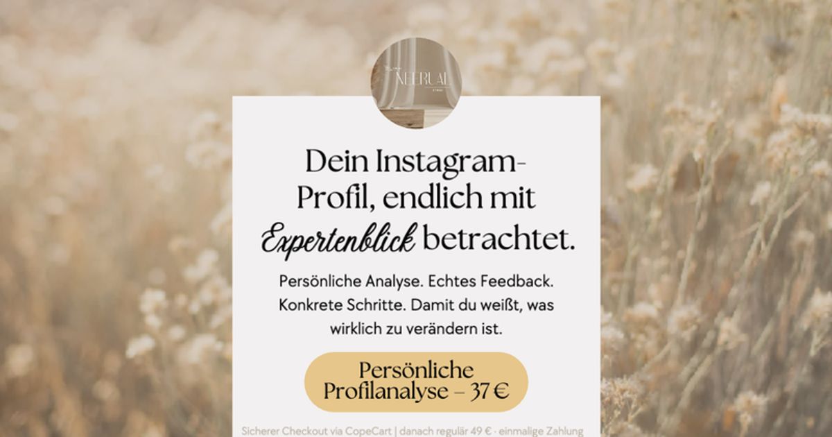 Persönliche Instagram-Profilanalyse – Werbebanner mit Kreisprofilbild, weißem Text auf beigem Hintergrund und goldenem CTA-Bu