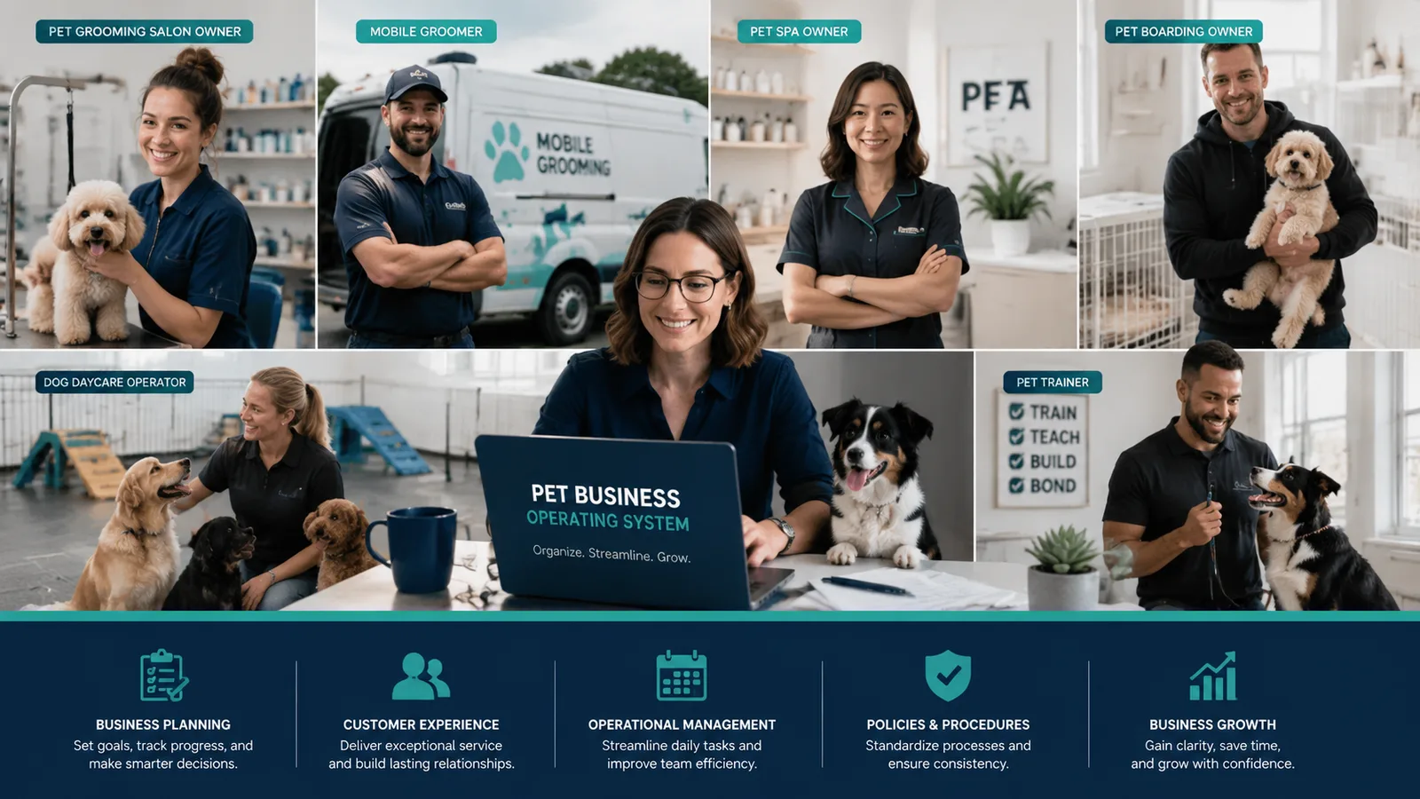 Zielgruppen-Personas von Pet Salon Owner bis Pet Trainer mit Systemüberblick