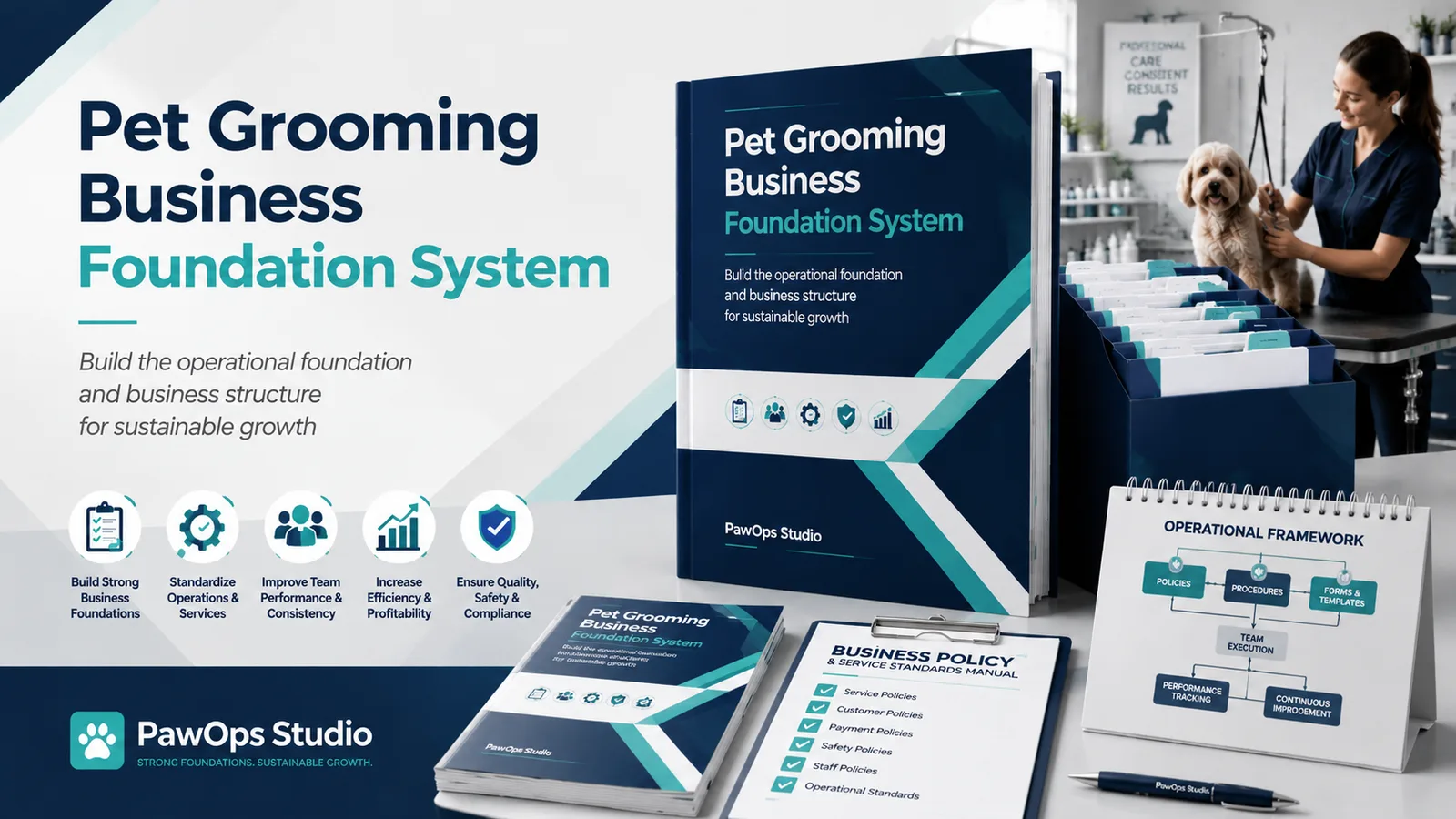 Pet Grooming Business Foundation System Hero mit Produktmaterialien, Groomer und Hund