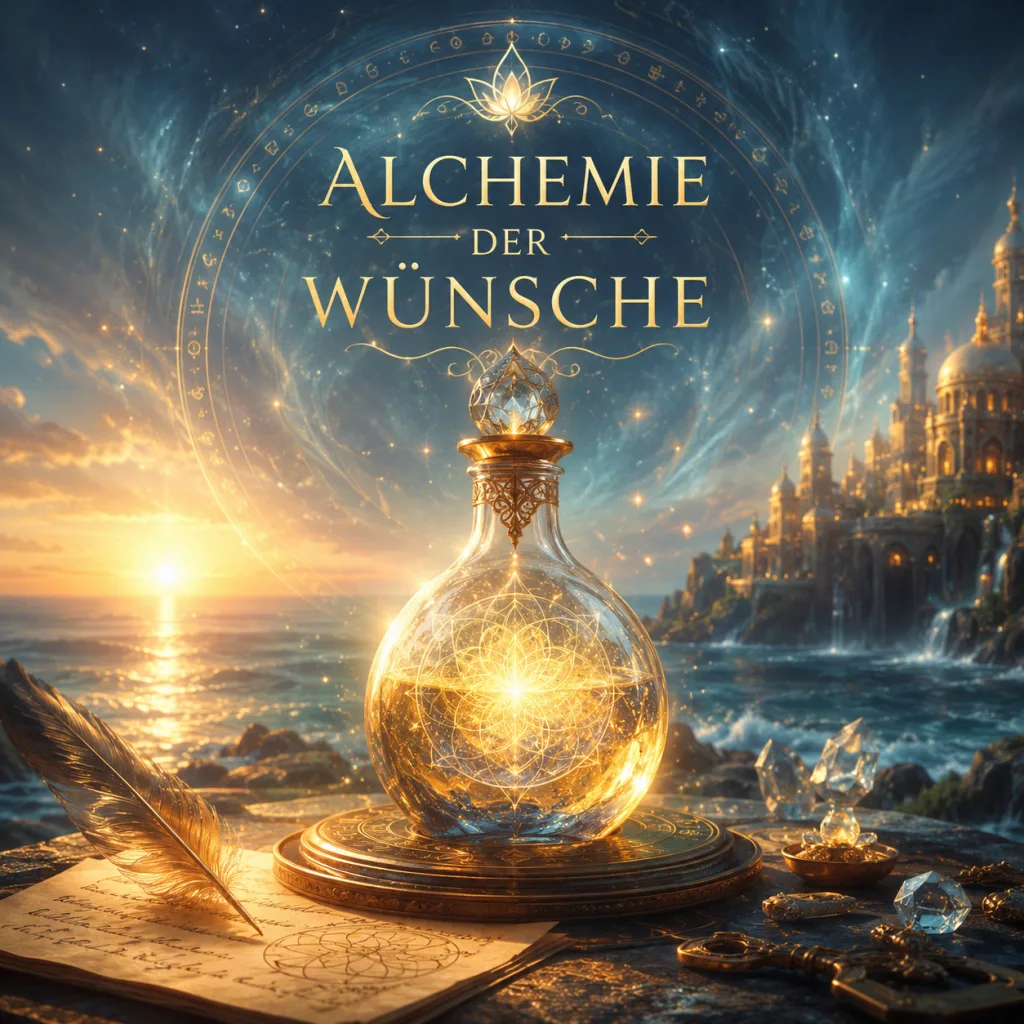 Alchemie der Wünsche – goldene Flasche mit leuchtendem Kristall auf mystischem Hintergrund