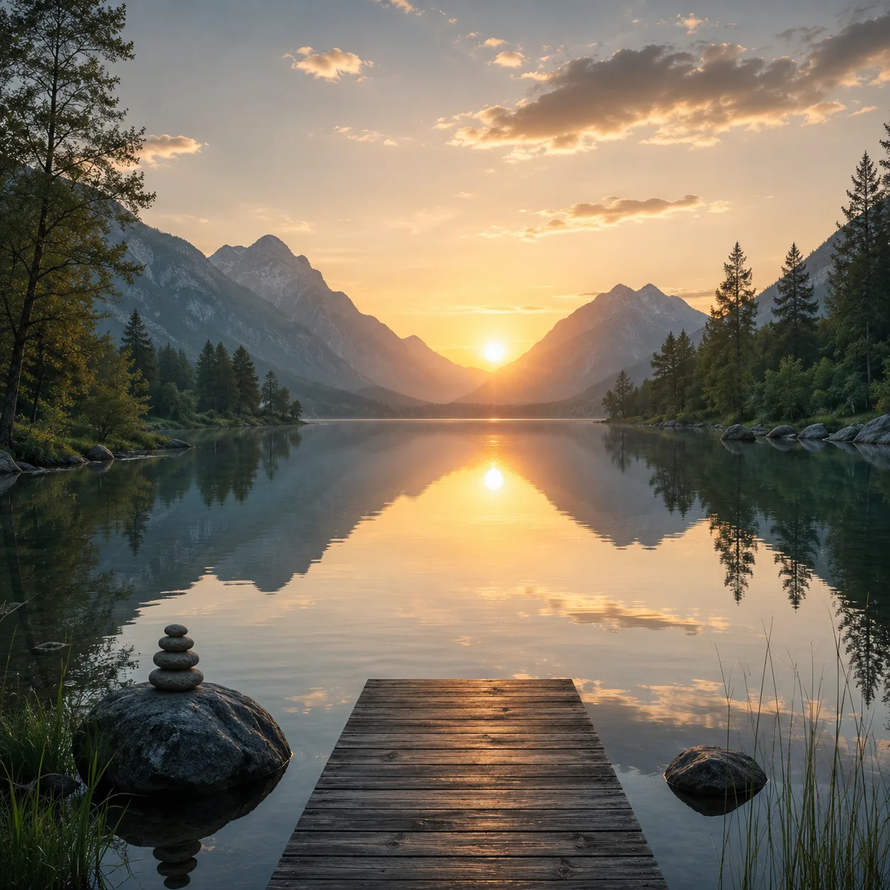 Stiller See bei Sonnenaufgang zwischen Bergen, Steg mit Steinstapel im Vordergrund
