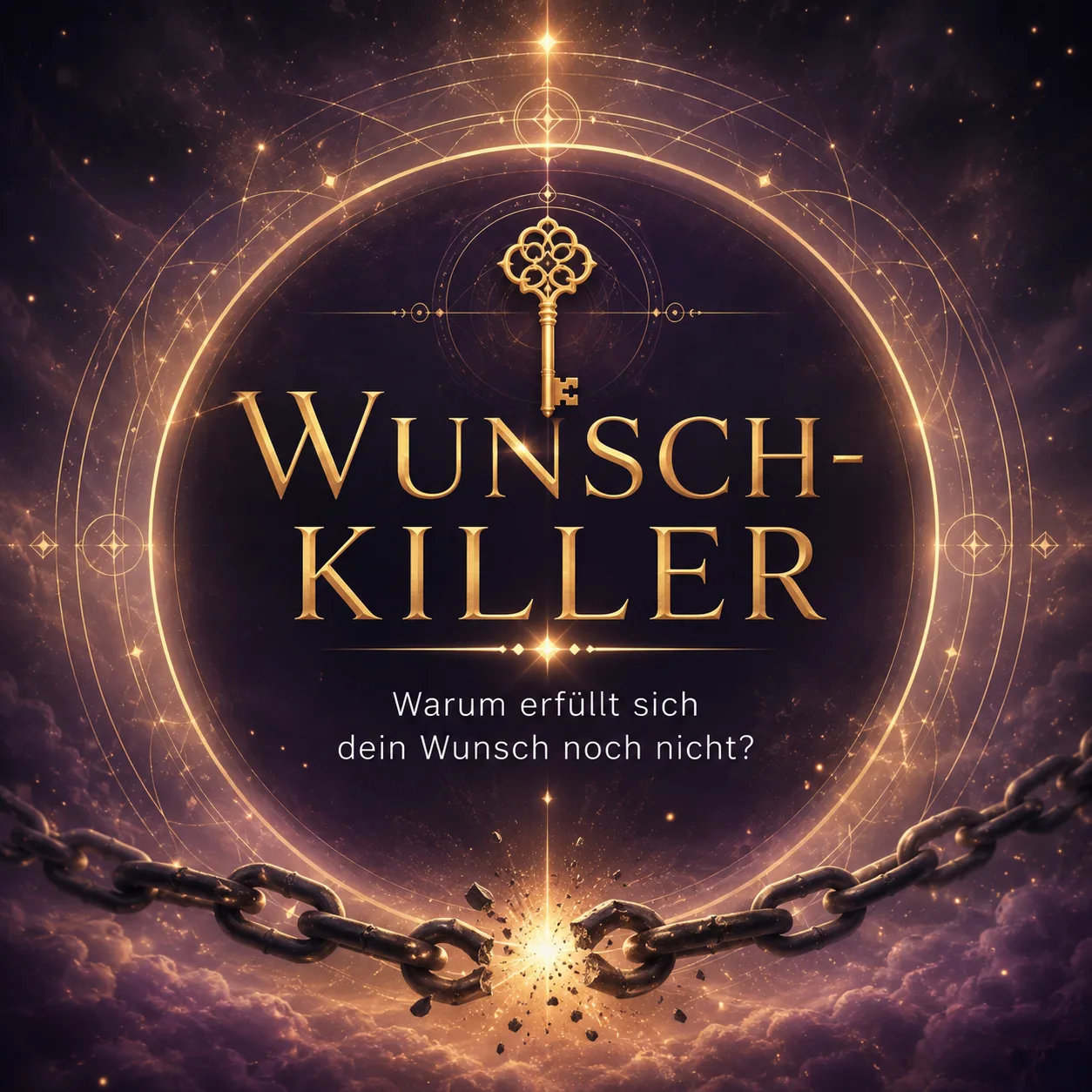 Wunschkiller – goldener Schlüssel und Ketten mit Licht auf dunklem mystischem Hintergrund