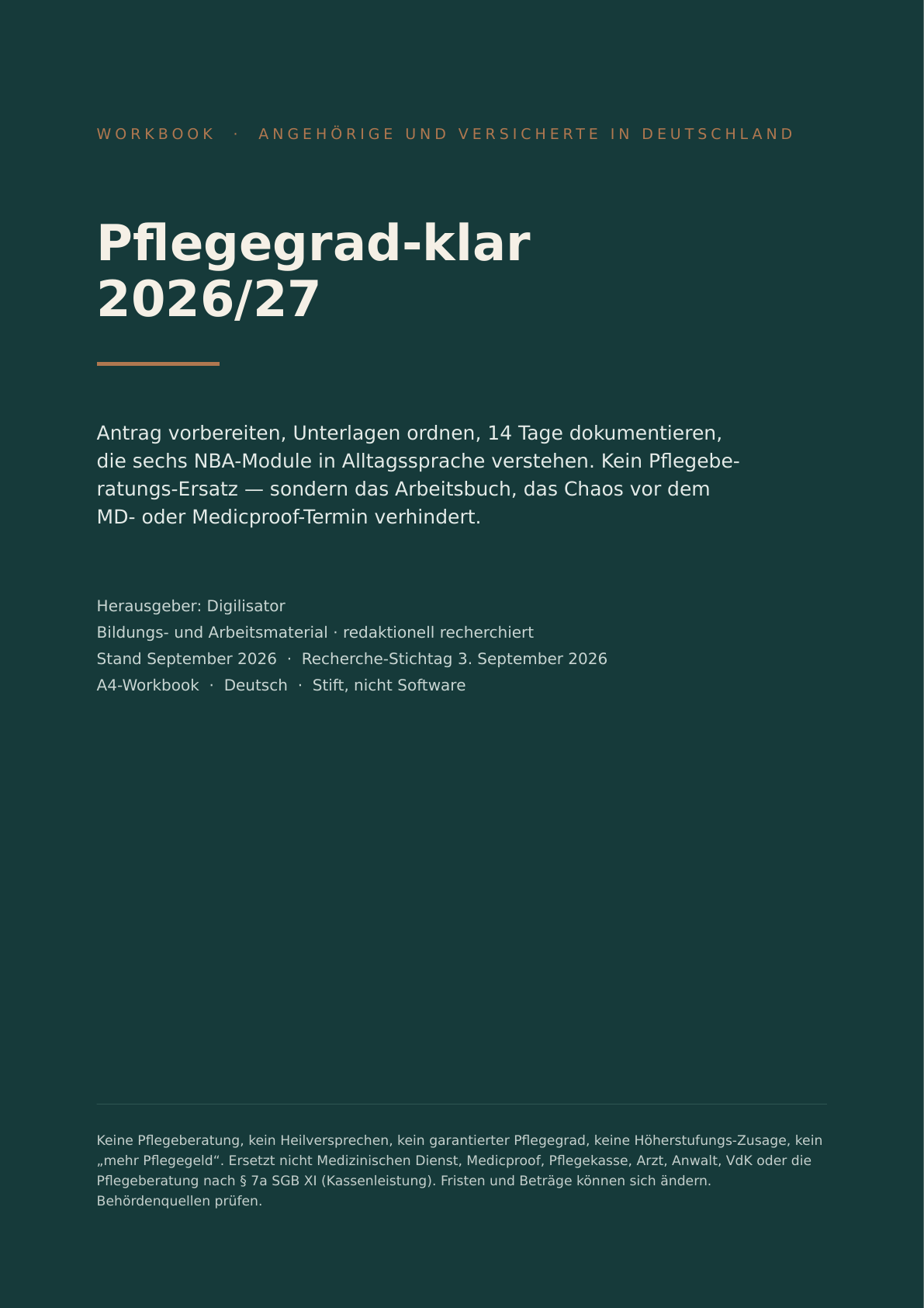Pflegegrad-klar 2026/27 – E-Book zum Pflegegrad-Antrag 1 Workbook-Cover Pflegegrad-klar 2026/27 mit dunkelgrünem Hintergrund und weißer Typografie