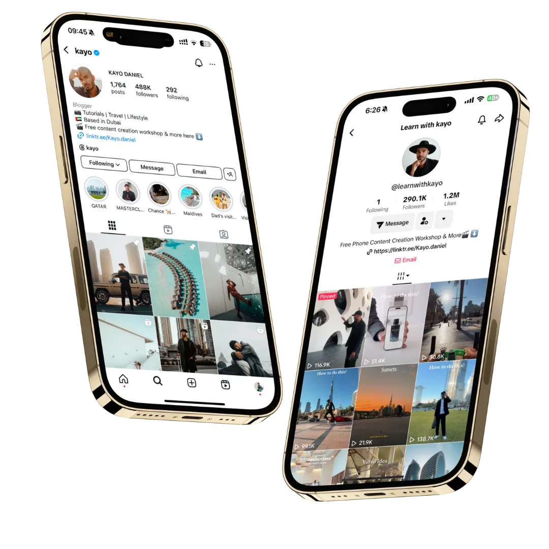 Instagram-Profile von Kayo Daniel mit 488K Followern und Learn with Kayo mit 290.1K Followern auf zwei iPhones
