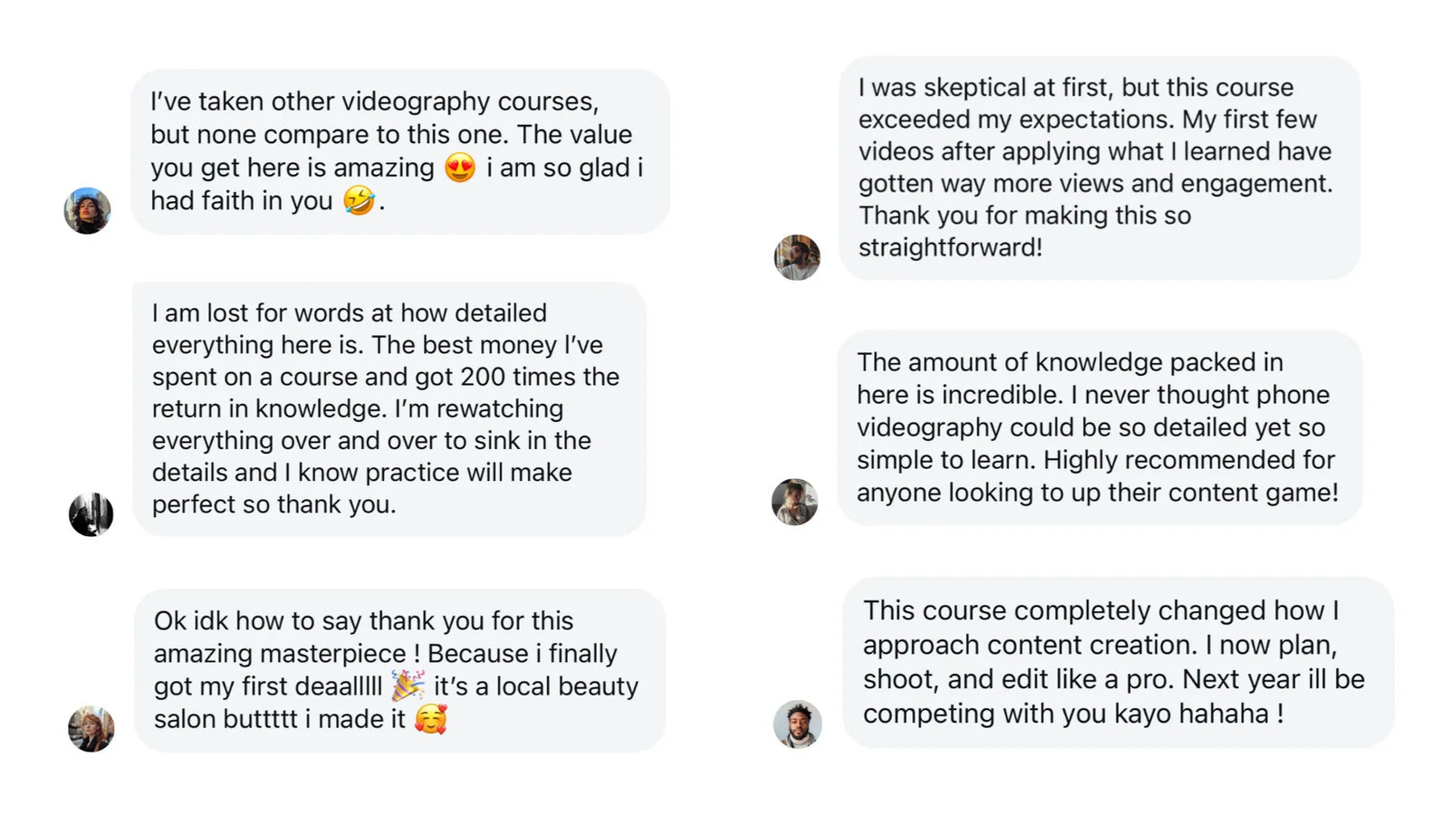 Kundenbewertungen des Phone Video Masterclass Kurses mit Testimonials von zufriedenen Teilnehmern