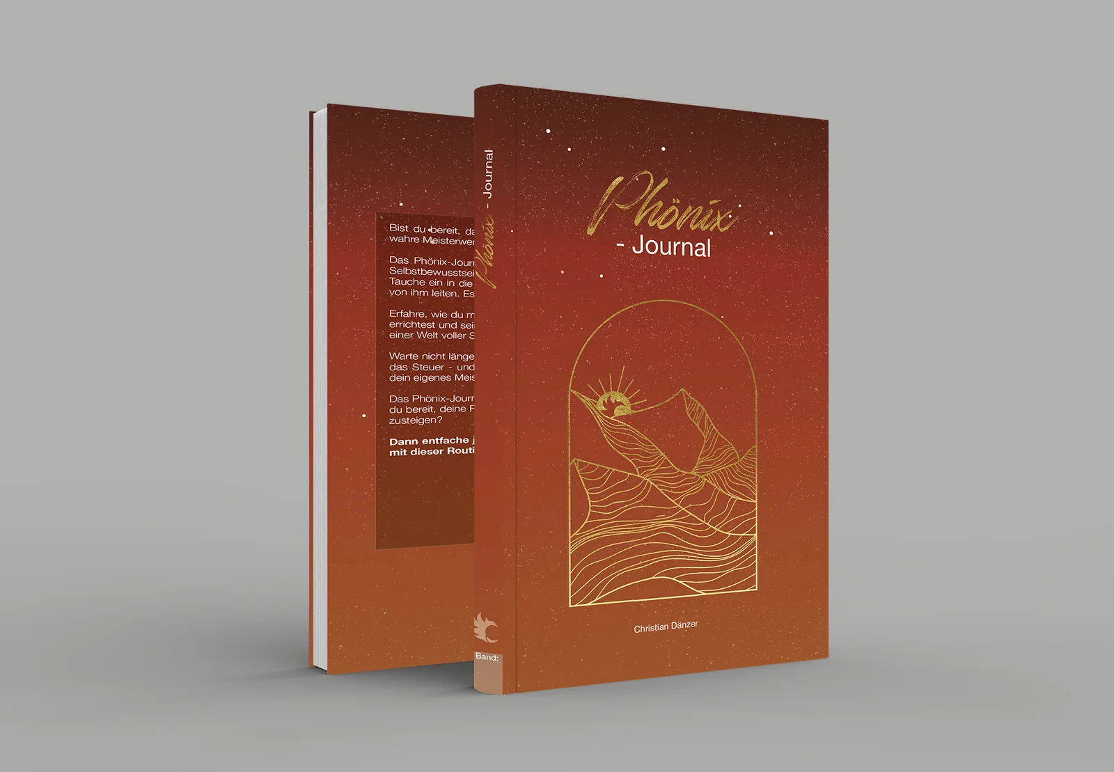 Phönix-Journal aufgeschlagenes Buch mit goldener Phönix-Illustration und Text, 3D-Render