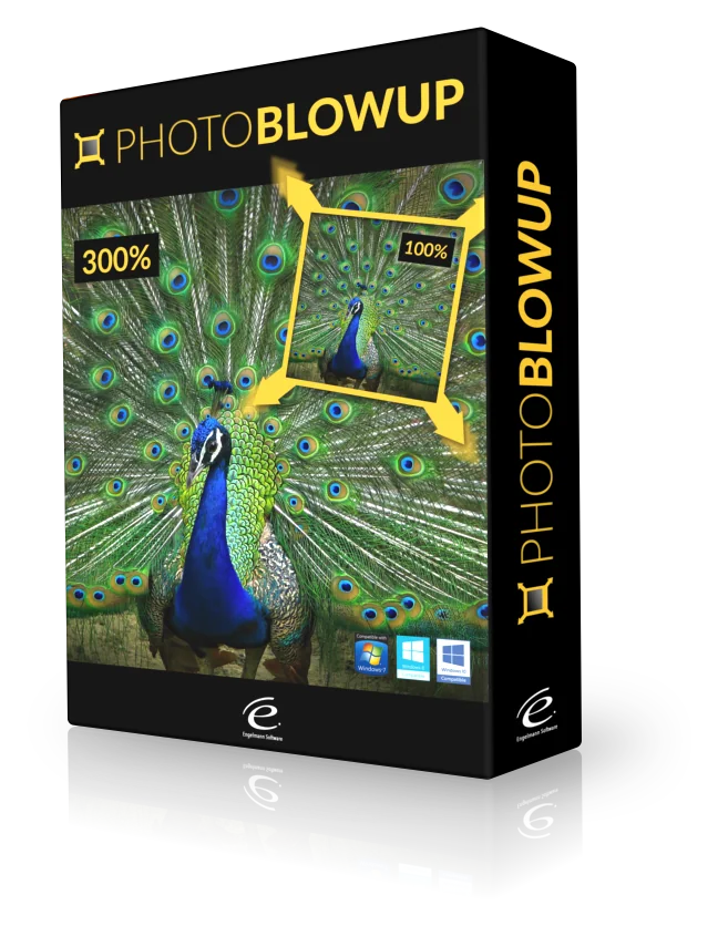 Photo BlowUp Software Box mit Peacock-Motiv und Vergrößerungsvergleich 300% zu 100%