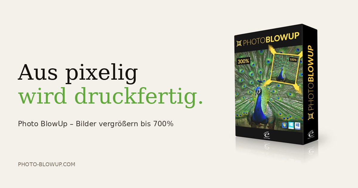 Photo BlowUp Werbebanner mit Pfau: Aus pixelig wird druckfertig, Bilder vergrößern bis 700%