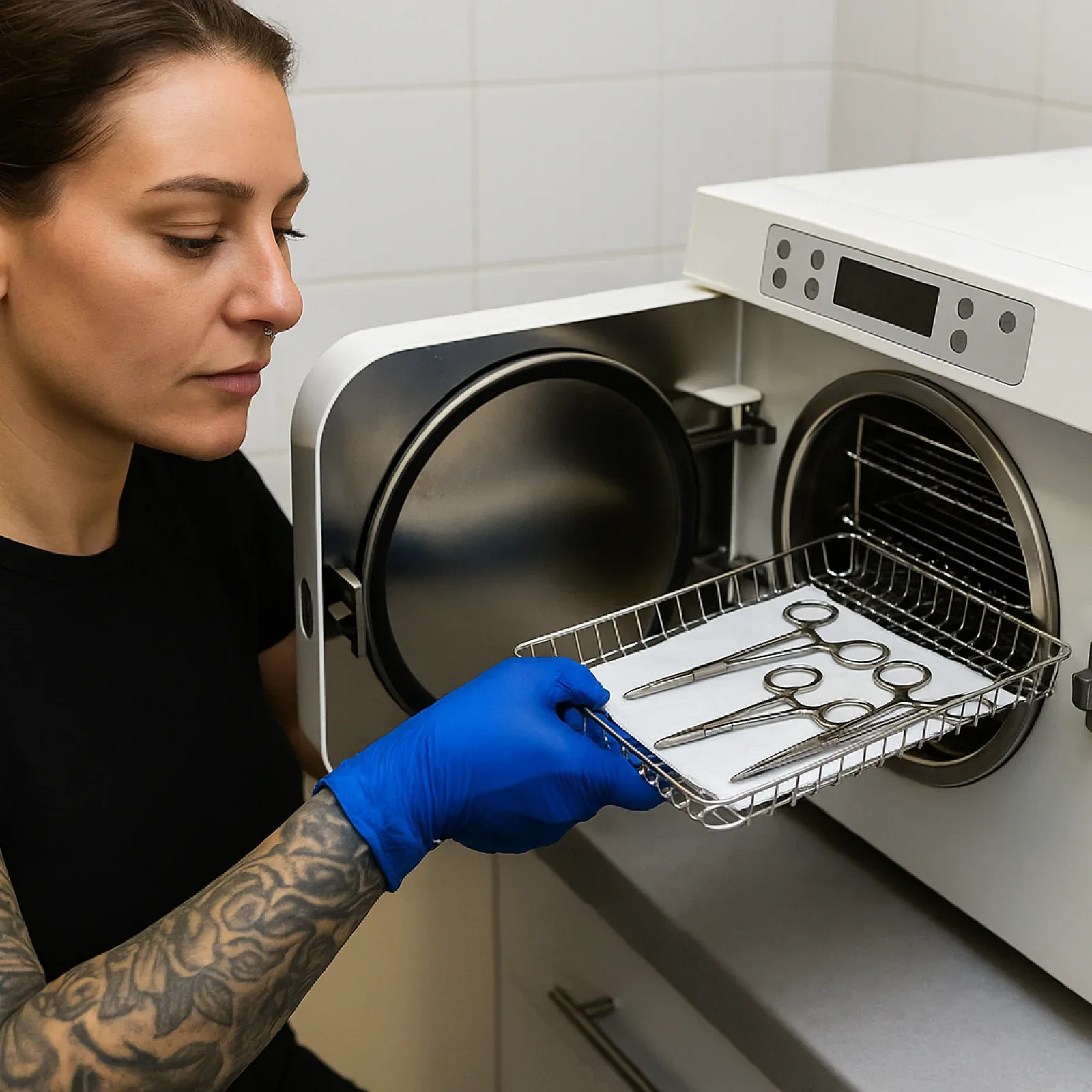 Frau mit Schutzhandschuhen beim Desinfizieren von Instrumenten in Sterilisator