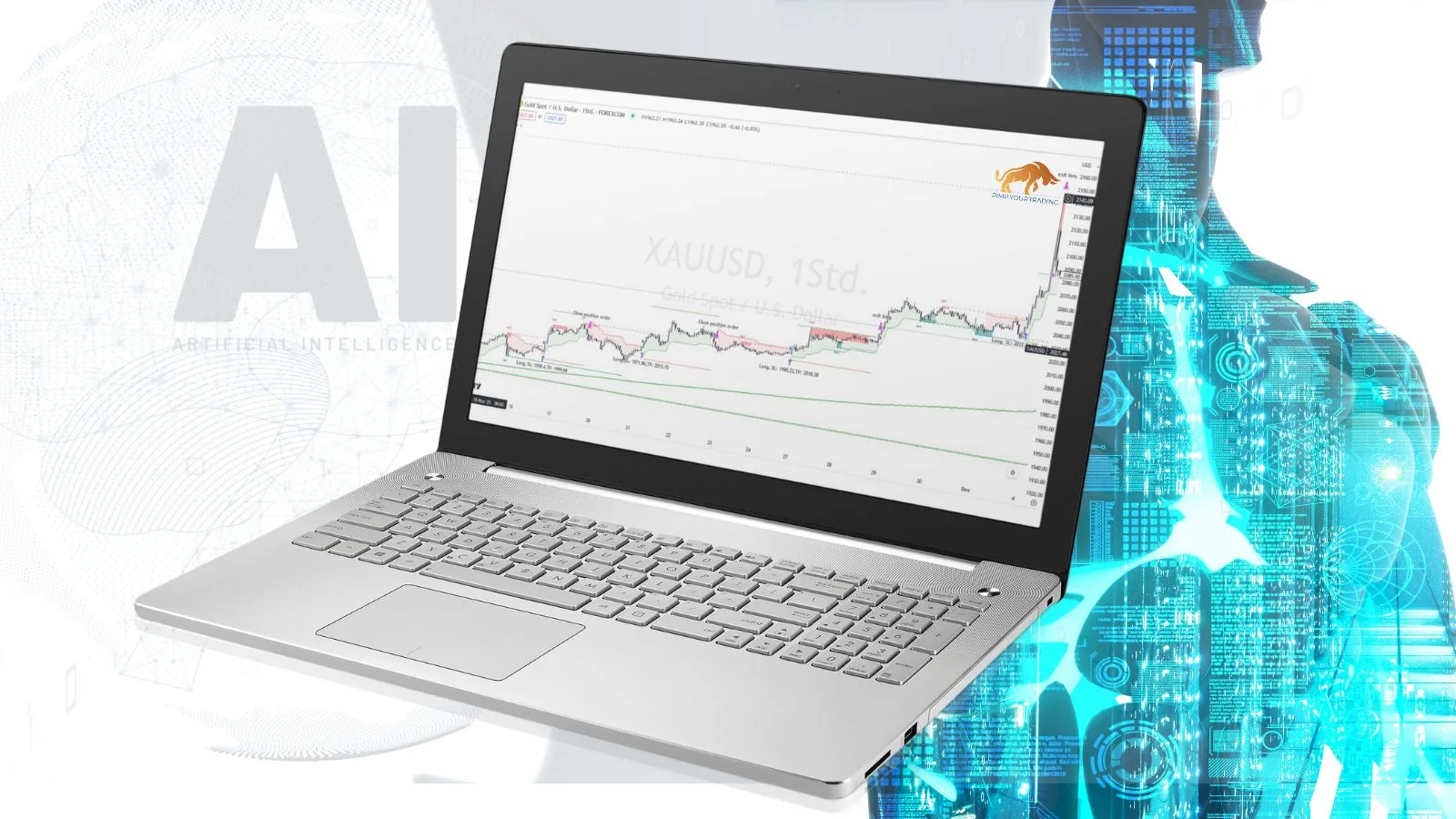 Laptop mit Hedging Panel und AI-Symbol zeigt Forex-Handelsoberfläche mit Kurschart