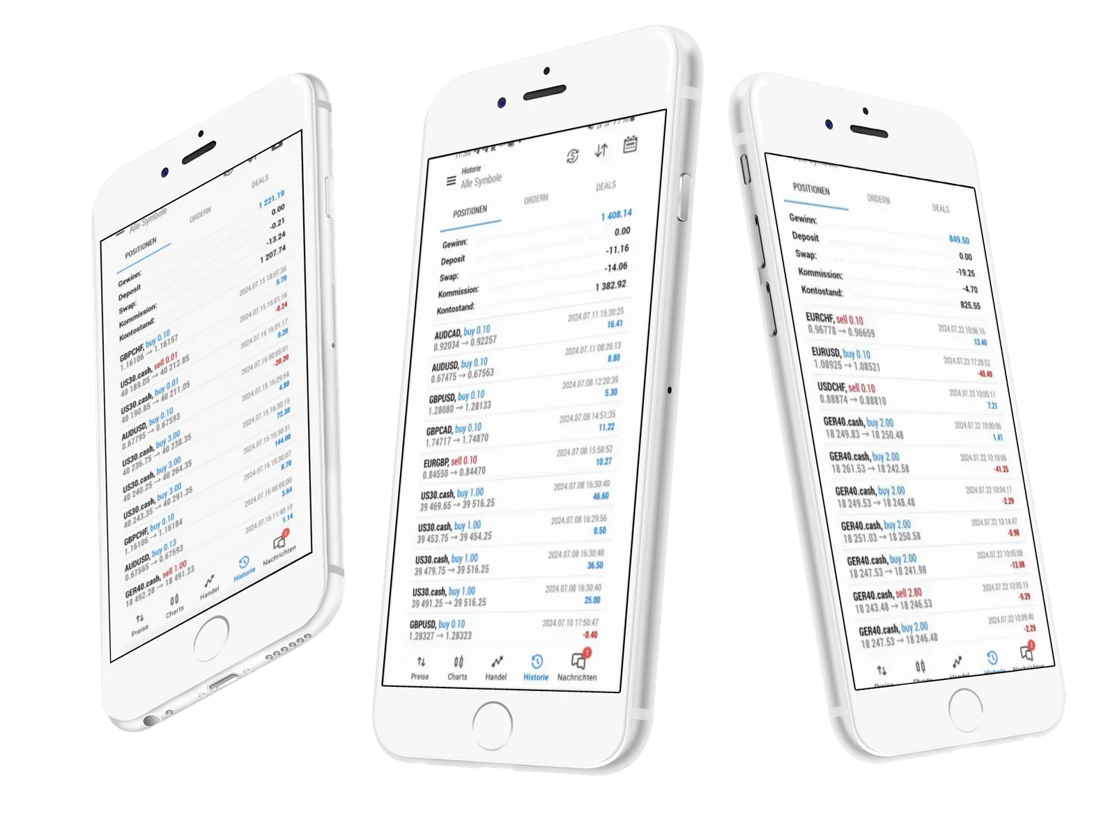 Drei iPhone-Mockups zeigen Positionen-Übersicht und Trading-Ergebnisse in der App