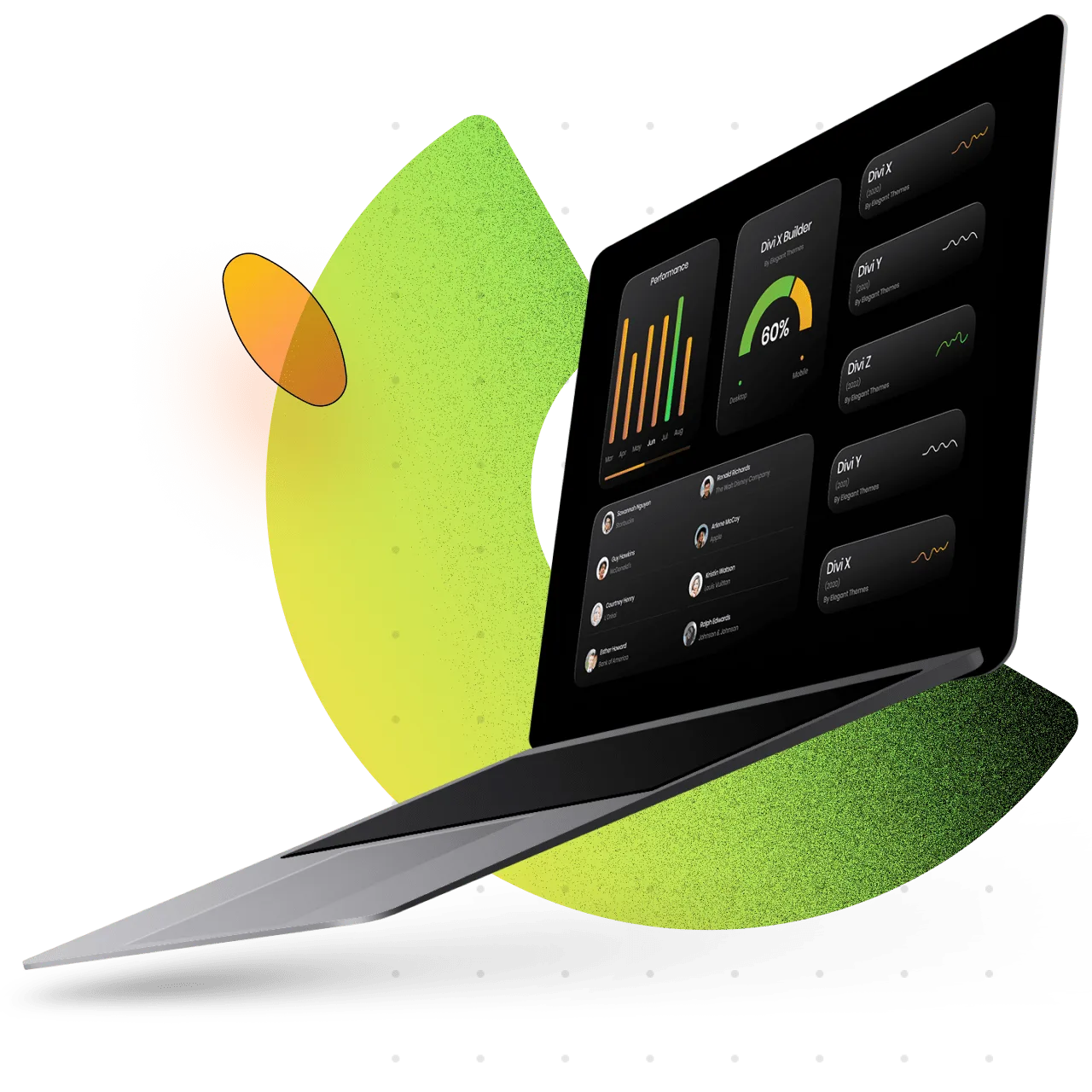 Dashboard-Mockup mit grüner abstrakter Form, Performance-Charts und Trader-Statistiken