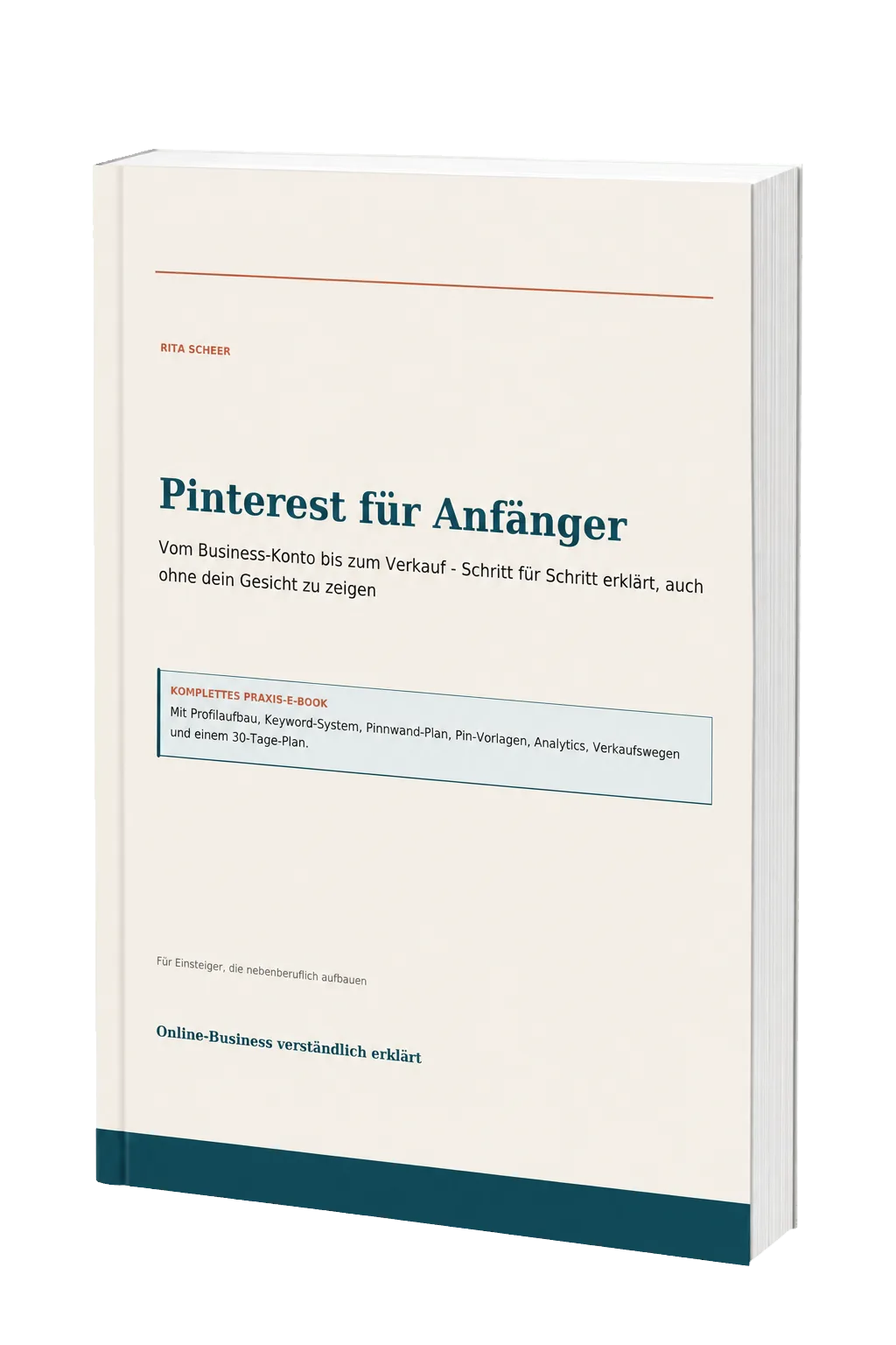 3D-Cover des E-Books Pinterest für Anfänger - Komplettes Praxis Workbook von Rita Scheer