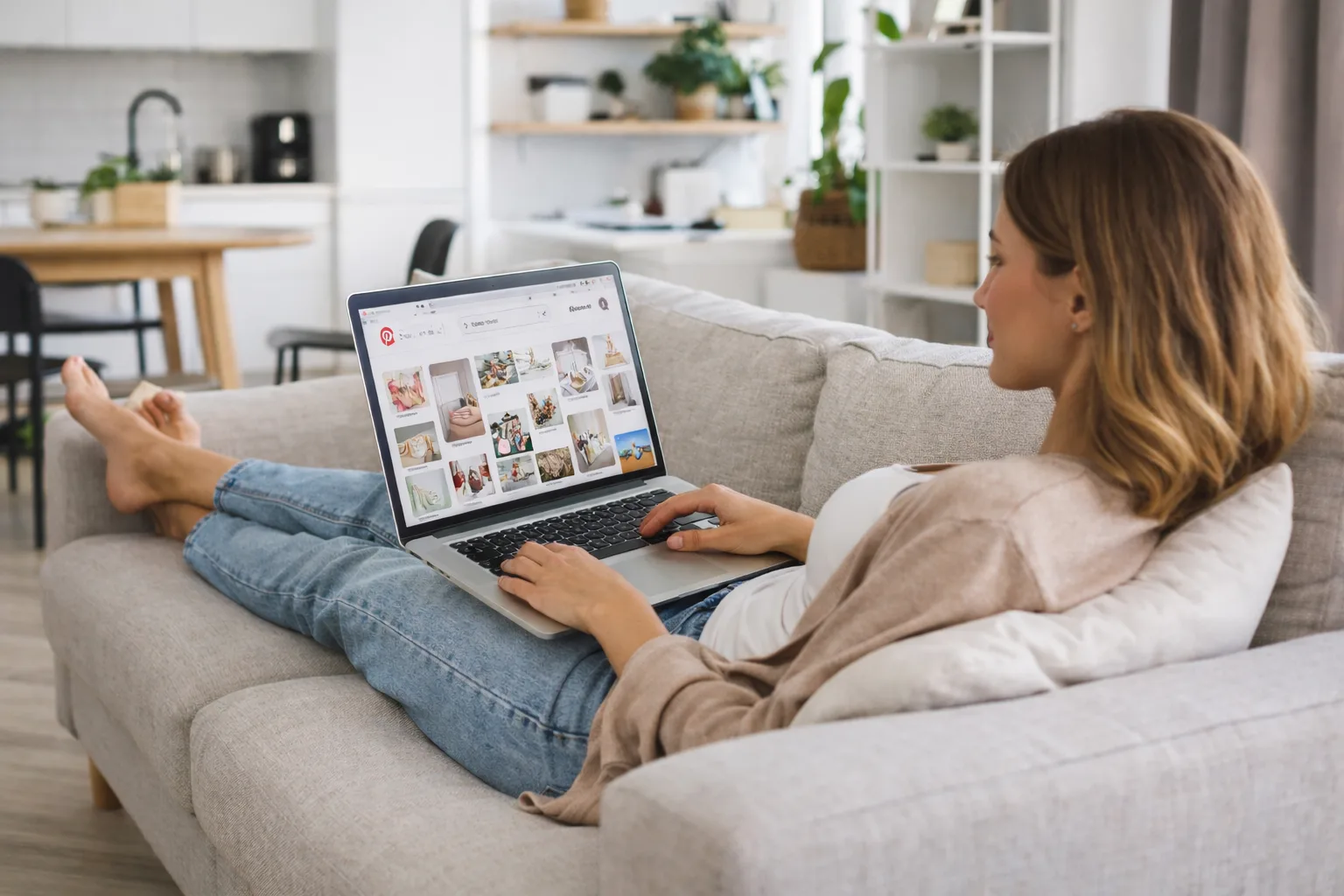 Pinterest Mastery – E-Book zum Traffic-Aufbau 3 Frau entspannt auf Sofa mit Laptop nutzt Pinterest um Geld zu verdienen