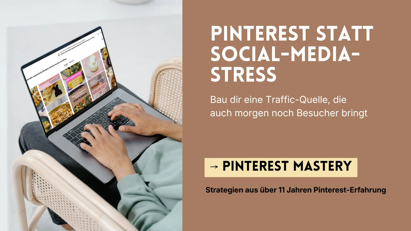 Pinterest Mastery – E-Book zum Traffic-Aufbau 2 Hero-Banner: Pinterest Kurs mit Laptop-Ansicht und Motivationstext zum Traffic-Aufbau