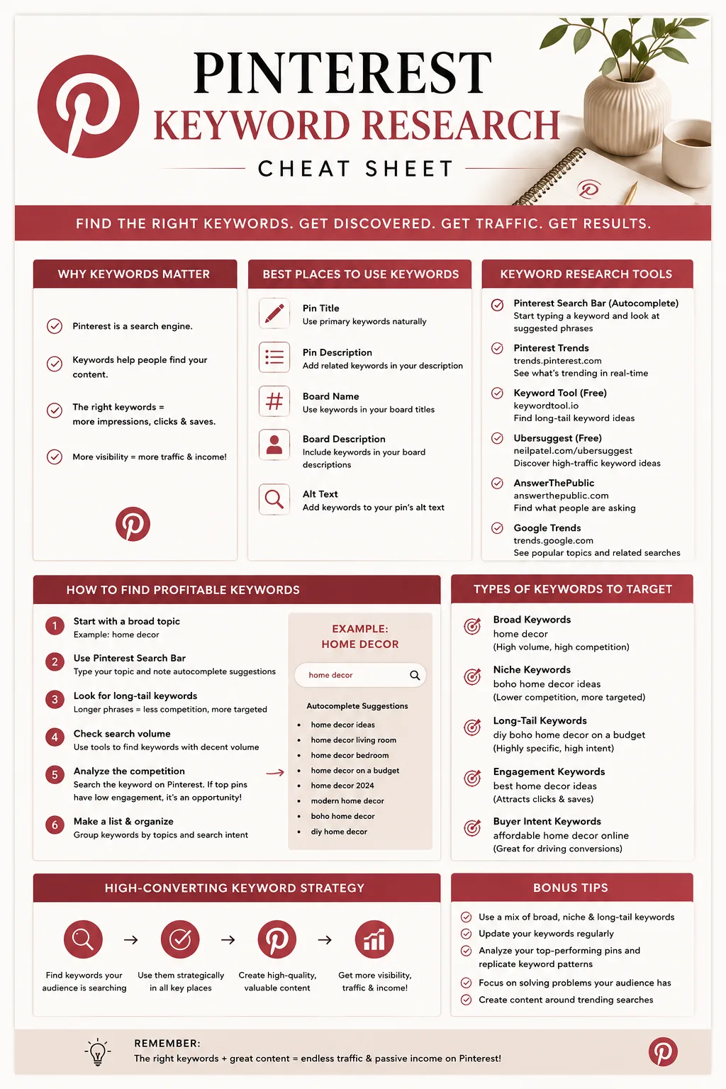 Pinterest Passive Income – E-Book zu Affiliate-Traffic 4 Pinterest Keyword Research Cheat Sheet mit Infografik zu Keywords, Tools und Strategien