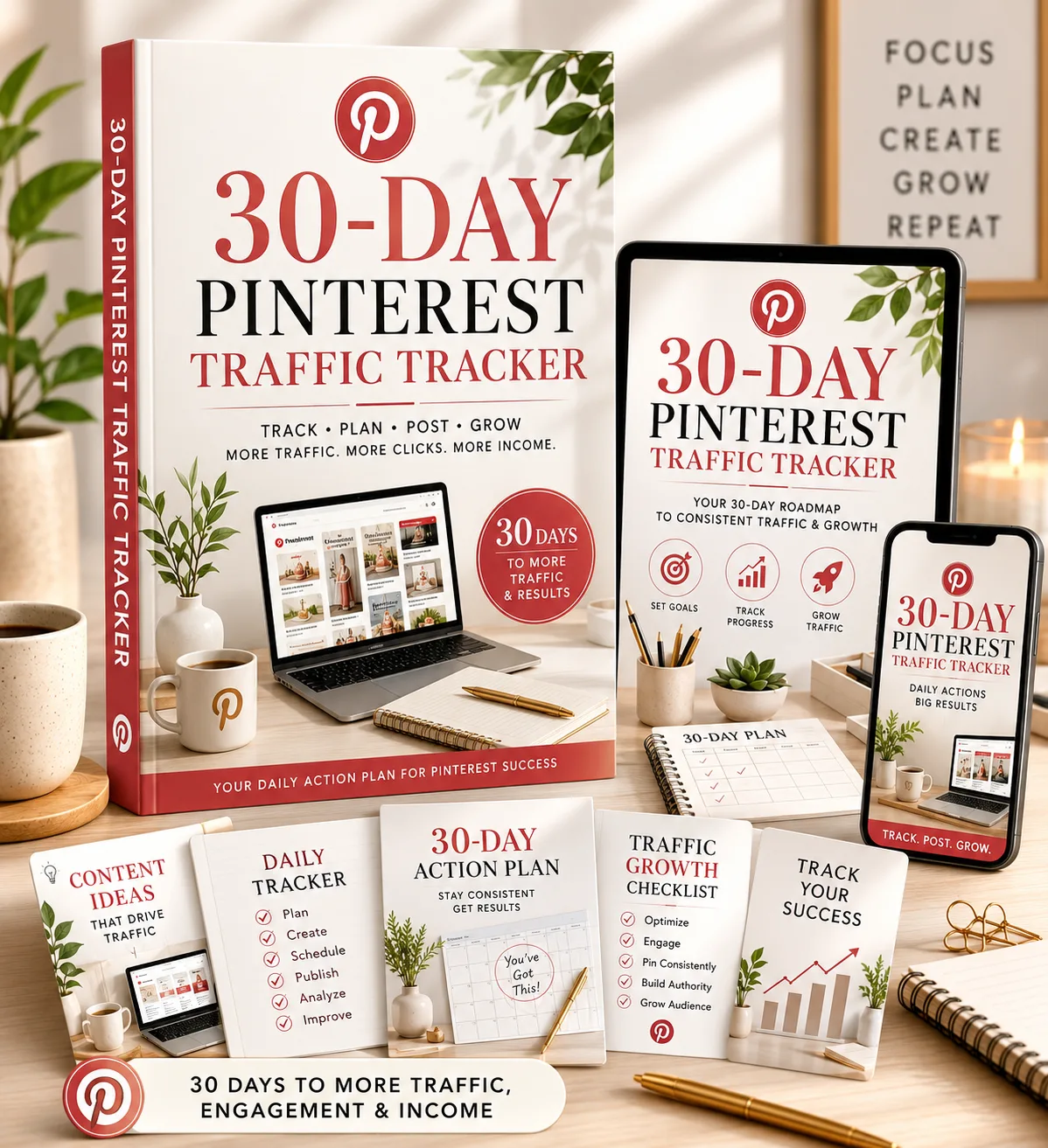 Pinterest Passive Income – E-Book zu Affiliate-Traffic 6 30-Day Pinterest Traffic Tracker Mockup mit E-Book, Tablet, Smartphone und Printmaterialien
