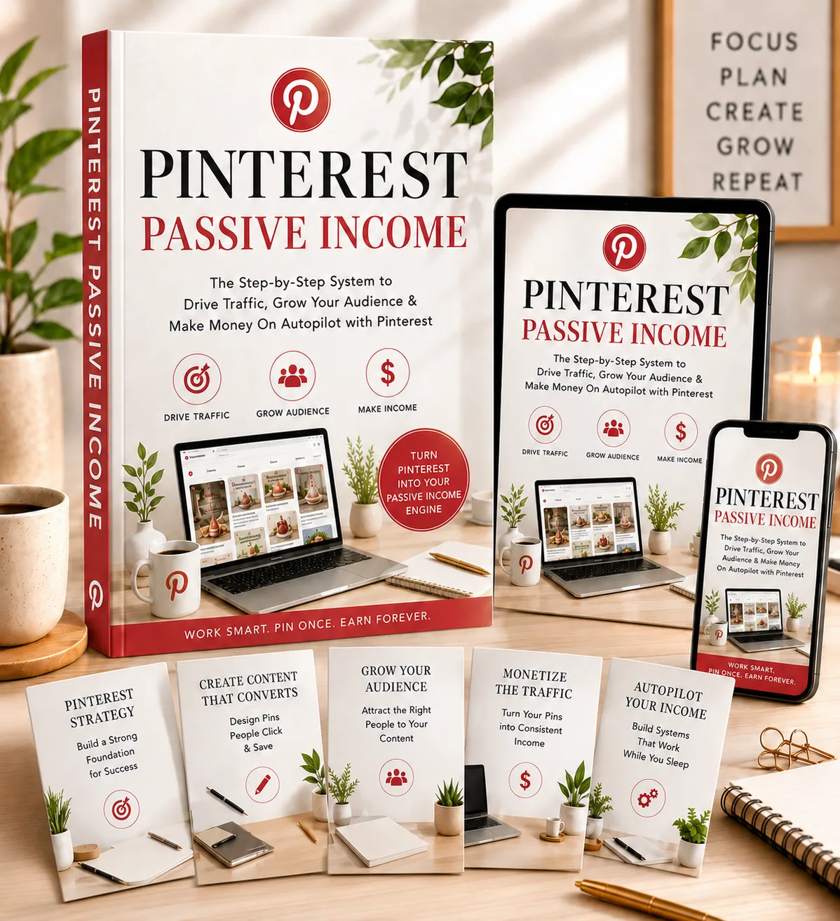 Pinterest Passive Income – E-Book zu Affiliate-Traffic 7 Pinterest Passive Income Hauptguide Mockup mit E-Book, Tablet, Smartphone und Bonus-Materialien