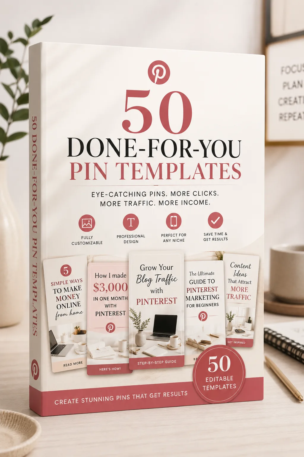 Pinterest Passive Income – E-Book zu Affiliate-Traffic 3 50 Done-For-You Pin Templates Cover mit Laptop, Büchern und Schreibtischzubehör auf Naturholz