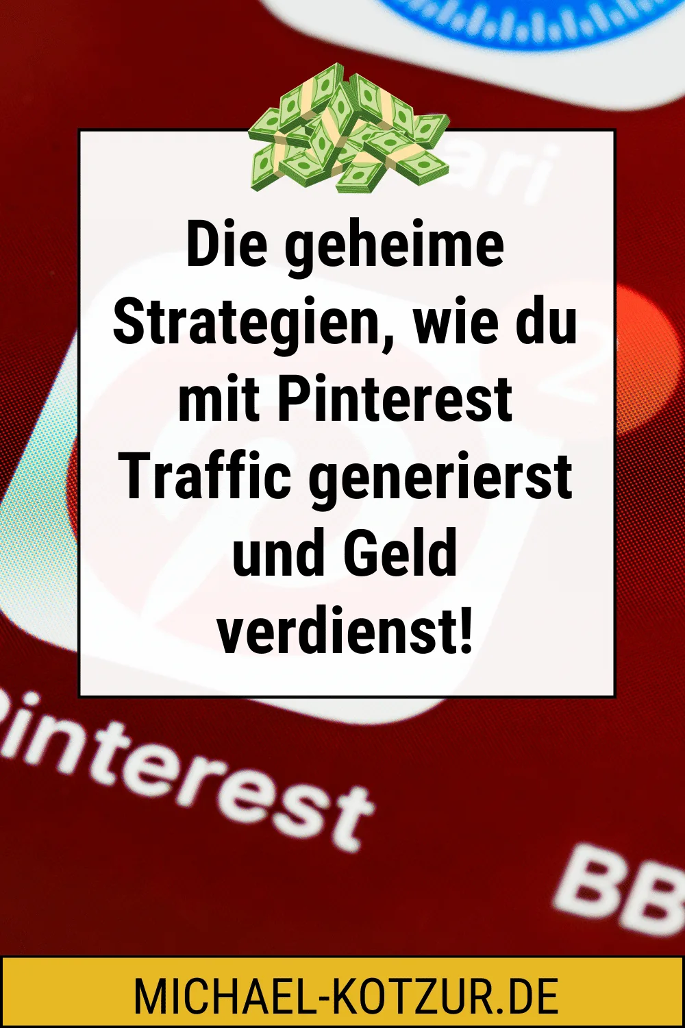Pinterest-Marketingkurs Promotional-Grafik mit Geldschein-Symbol und Strategie-Text