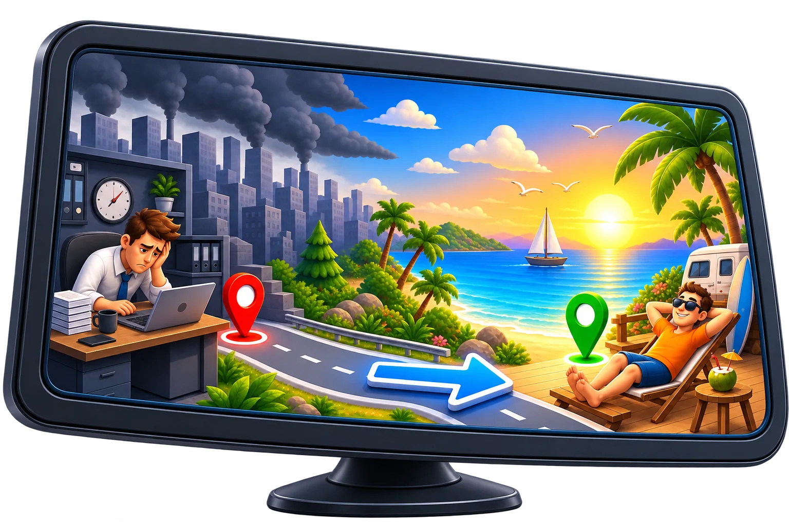 Split-Screen zeigt Hamsterrad-Job links und Strand-Entspannung rechts mit Pfeilen