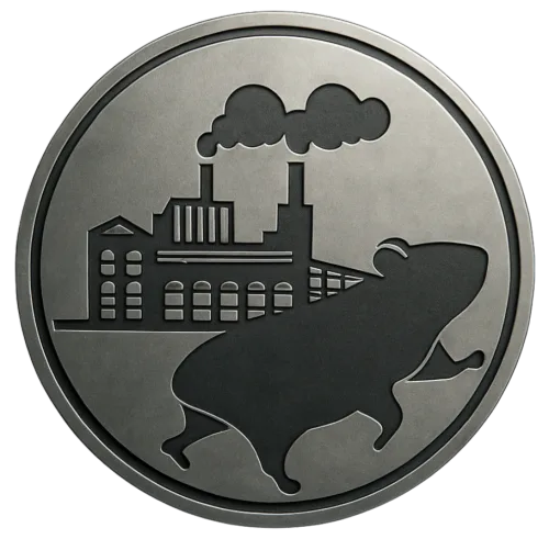 Münze mit Fabrik und Nashorn-Silhouette, Symbol für wiederkehrende Provisionen