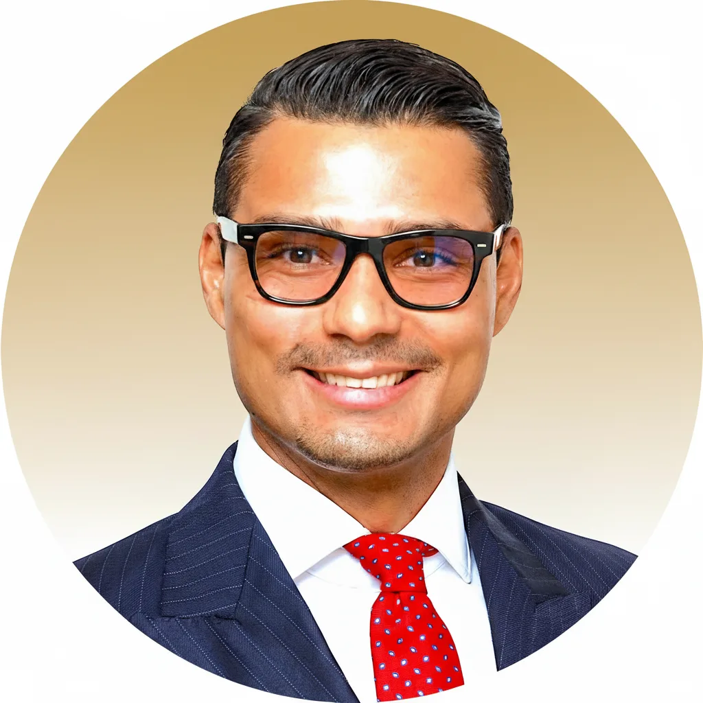 Porträt eines Mannes mit Brille und roter Krawatte, goldener Hintergrund, professionelle Headshot