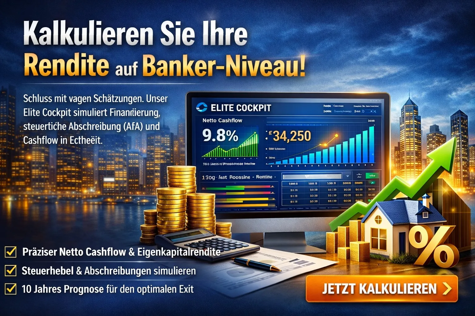 Platinum Invest Cockpit Dashboard mit Netto Cashflow 9,8%, Stadtkulisse bei Nacht, Goldmünzen und grünem Aufwärtstrend