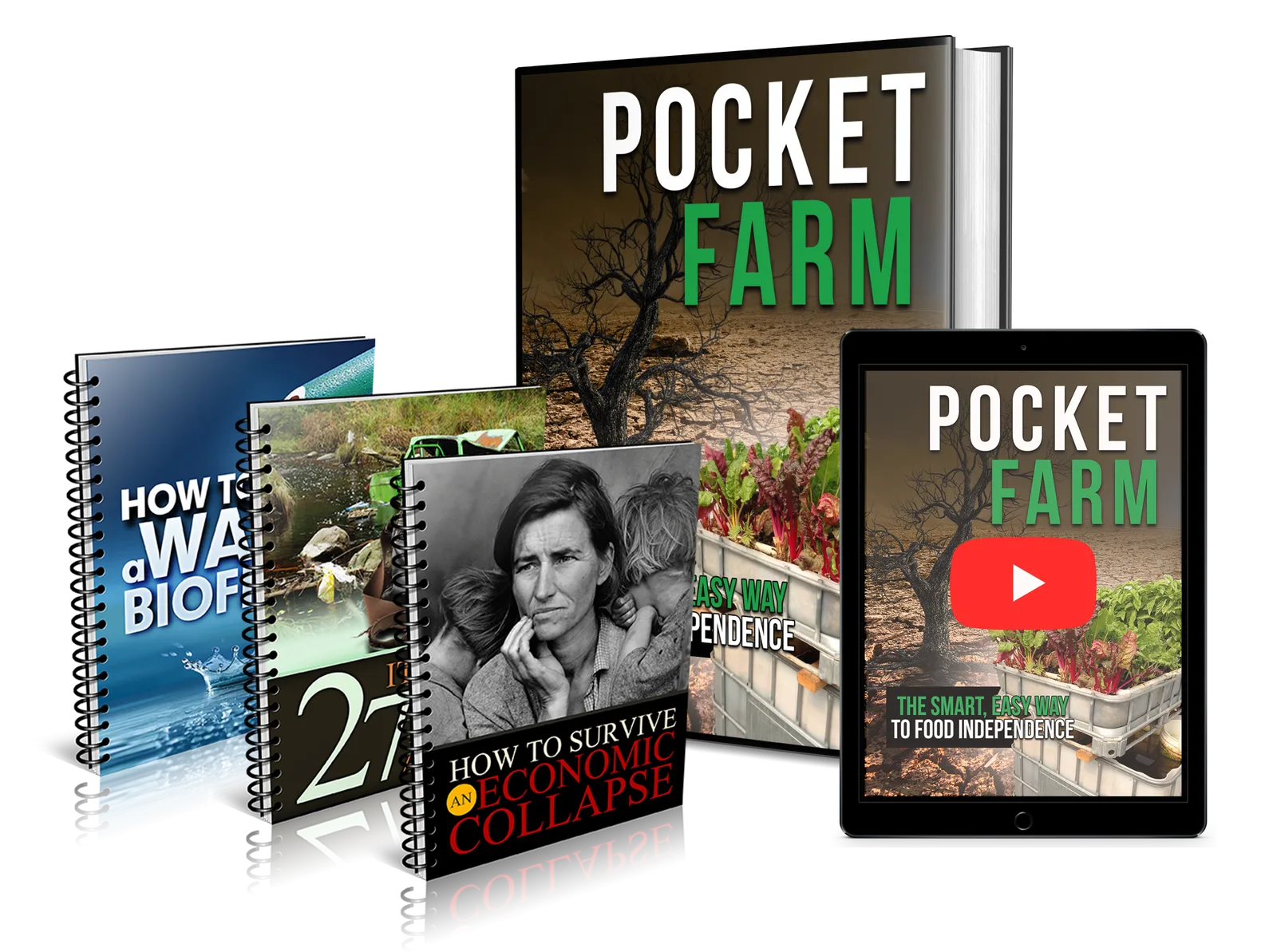 Pocket Farm Produktbundle mit Spiralbindern, Tablet und Buch auf beige Hintergrund