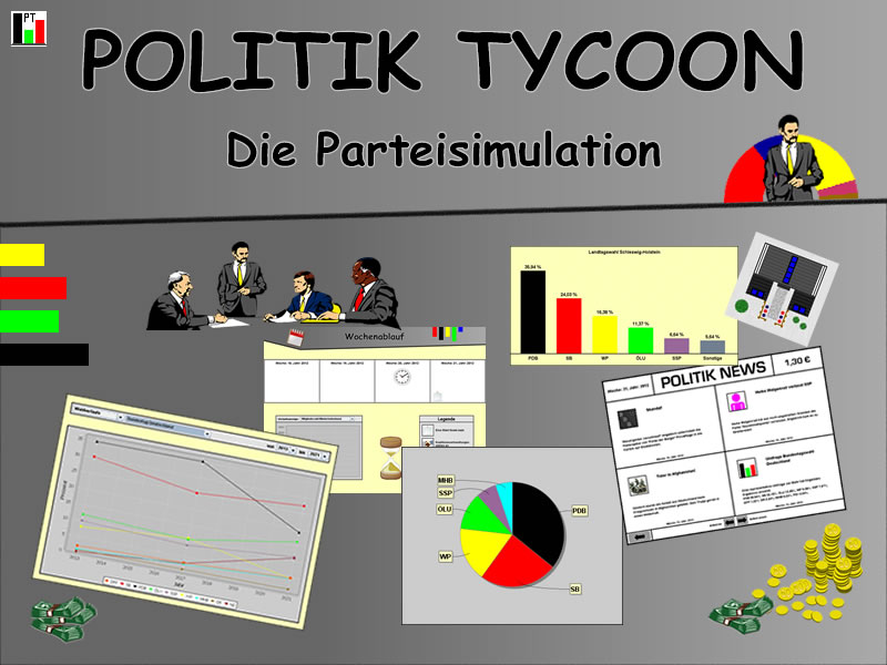 Hero-Grafik Politik Tycoon Parteisimulation mit Spielelementen wie Diagrammen, Nachrichten und Geldmünzen