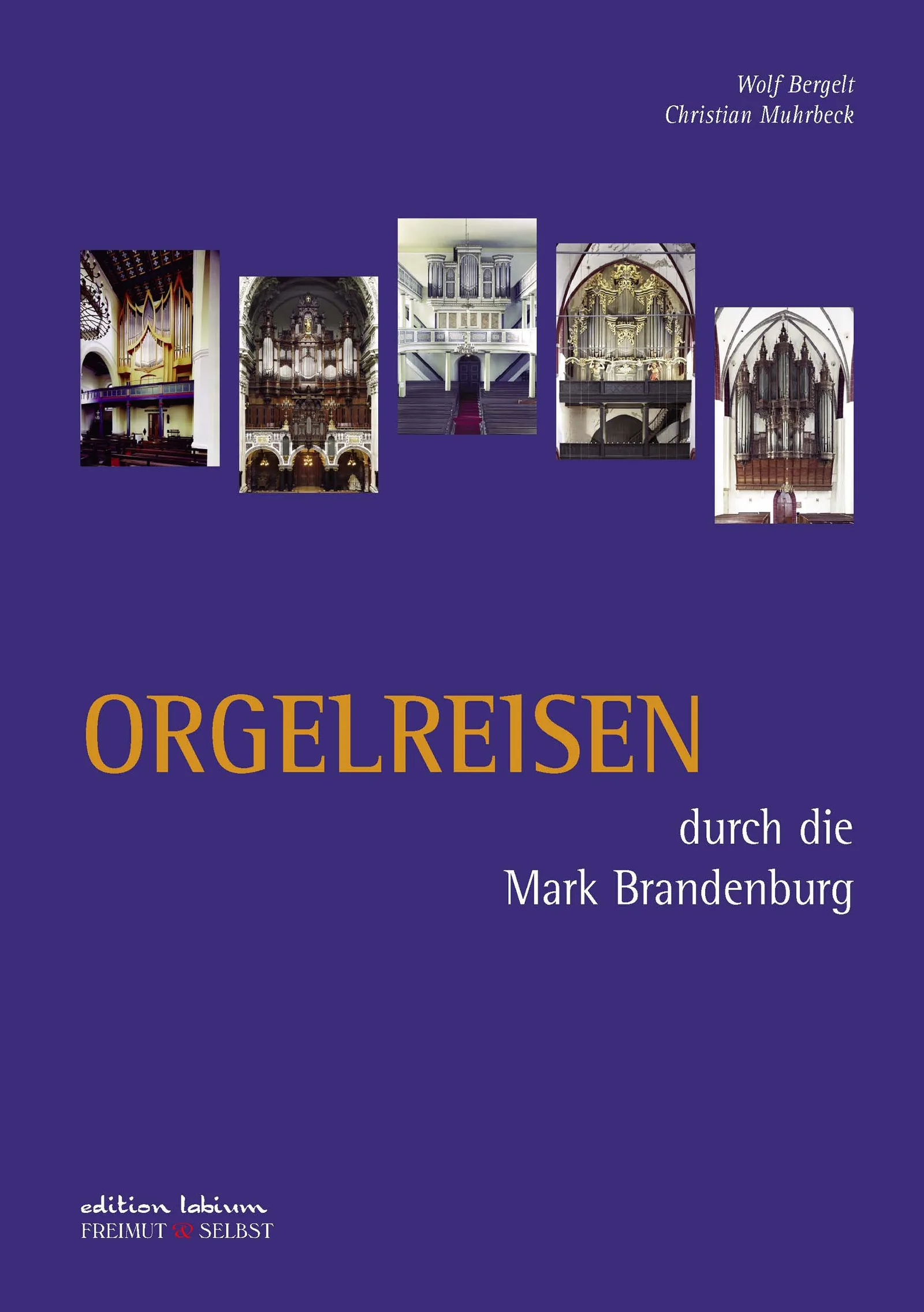 Orgelreisen Buchcover mit fünf Orgelfotos und violettem Hintergrund