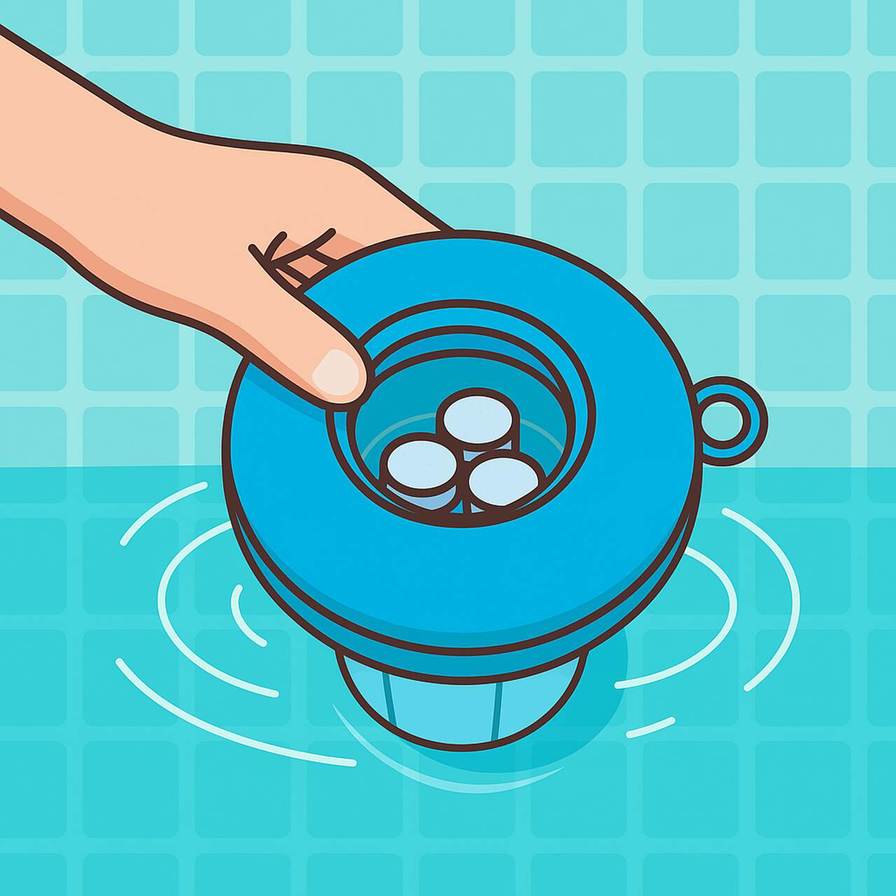 Illustration: Hand legt Chlortabletten in blauen schwimmenden Dosierschwimmer im Pool