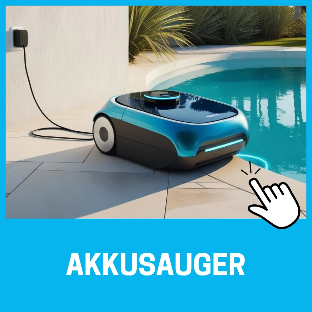Moderner Akkusauger an Poolrand mit Ladestation und Palmen