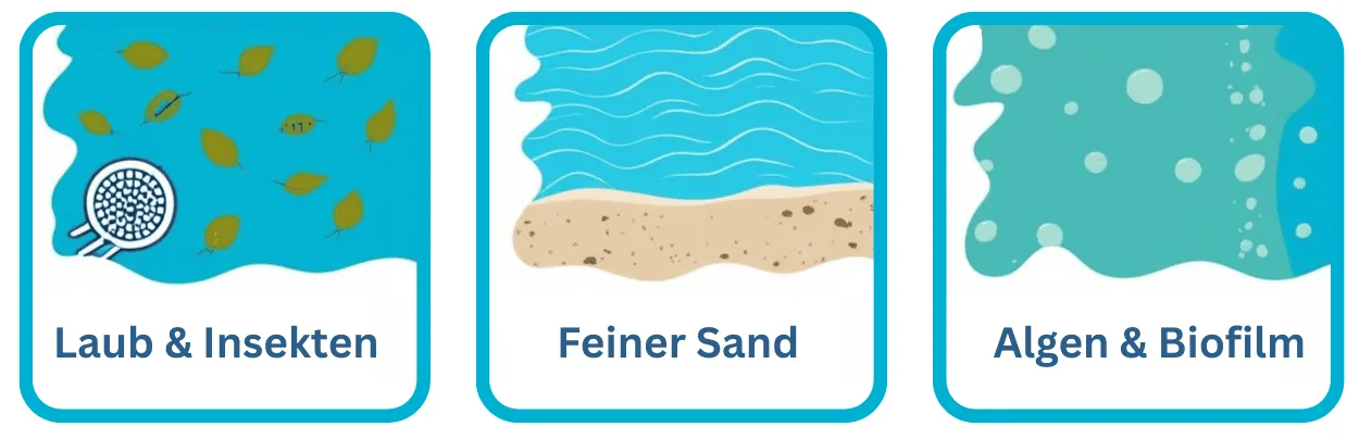 Drei Infografiken zeigen Verunreinigungen: Laub, Sand und Algen