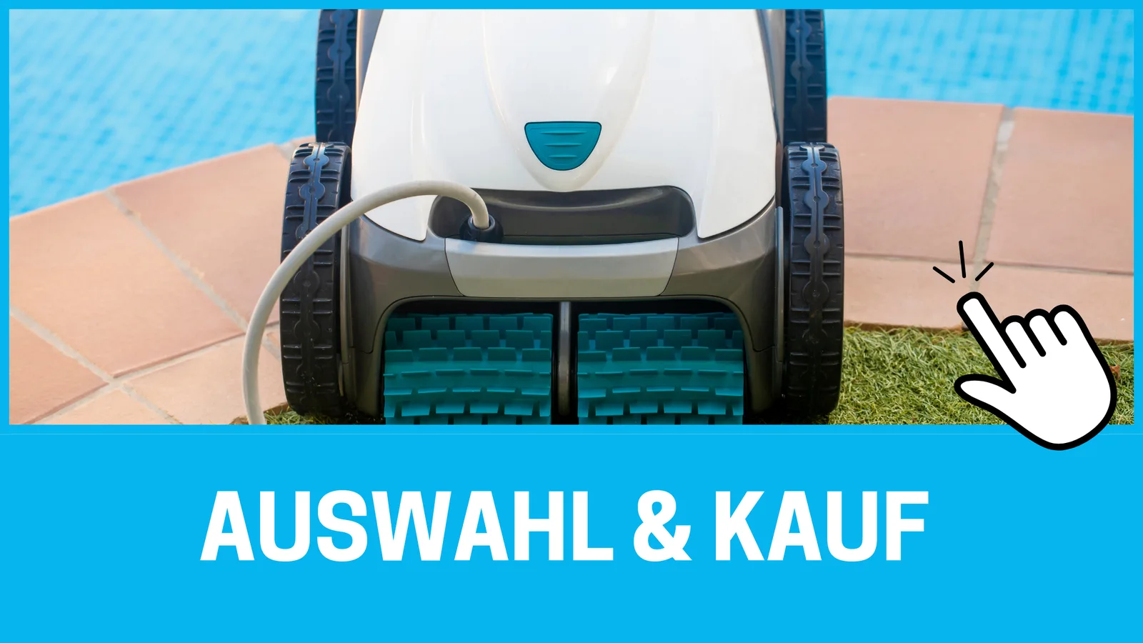 Weißer Poolroboter an Pooldeck mit Bedienungselement