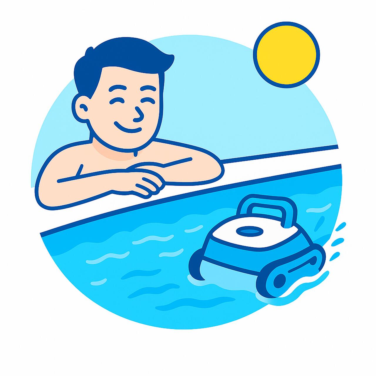 Illustration eines Mannes mit Poolroboter im Wasser bei Sonnenschein