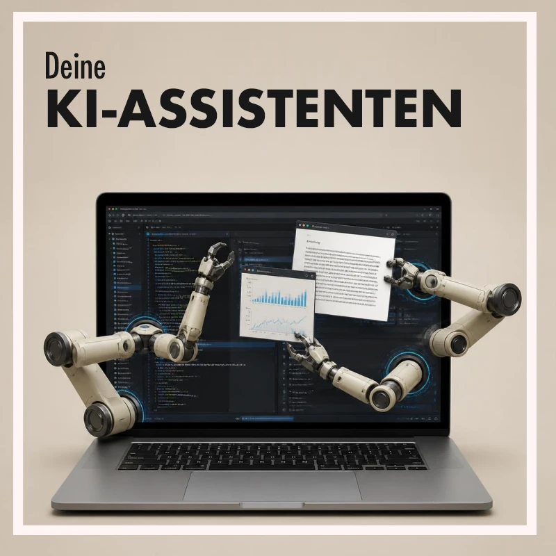 Poster mit Laptop und Roboterarmen, Überschrift „Deine KI-ASSISTENTEN