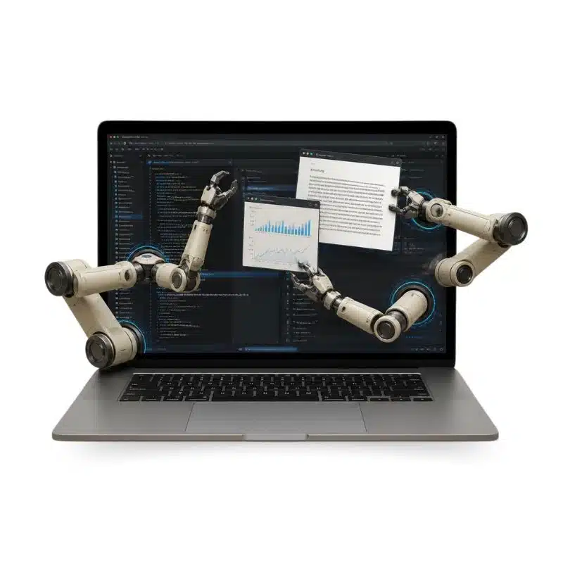 Laptop mit roboterähnlichen Armen, die Code und Datendiagramme halten, Illustration von KI-Assistenten