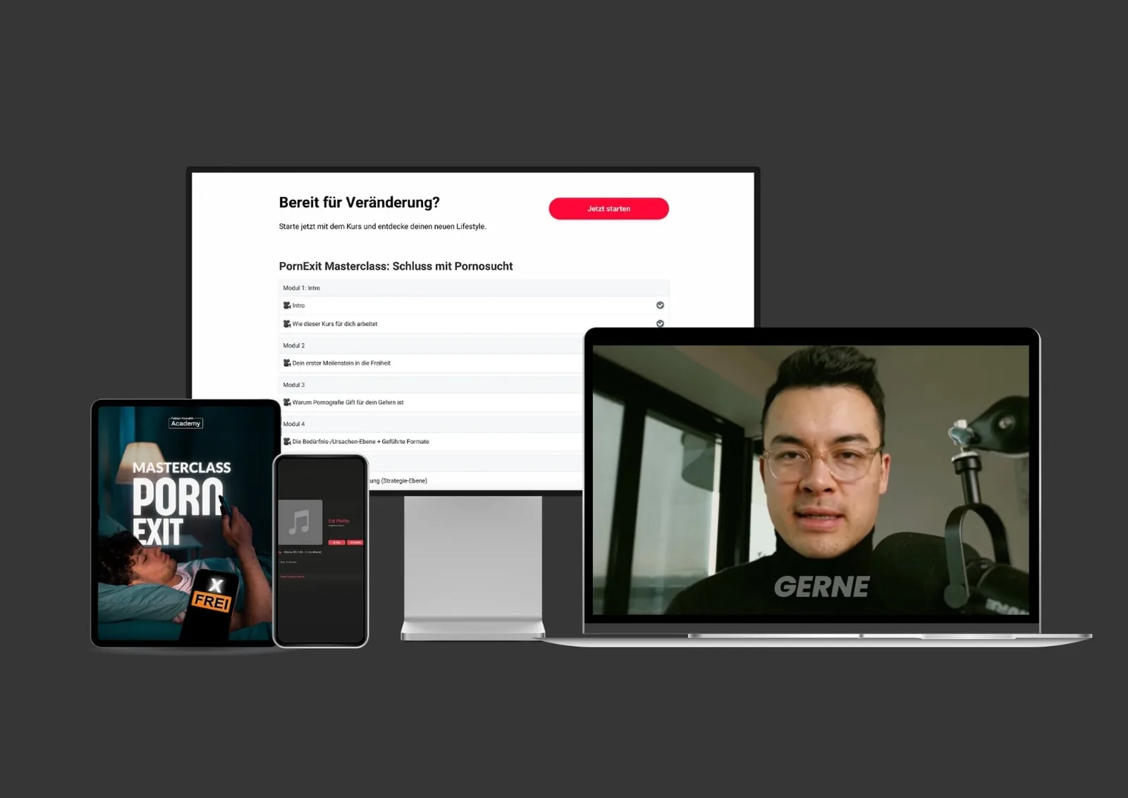 Digitales Mockup mit verschiedenen Ansichten der PornExit Masterclass von Erik Pfeiffer, inklusive Kursmaterialien, Tablet- und Laptopdarstellung mit Inhalten zur Pornosucht, Wie man sich von ihr befreit und Selbstbewusstsein.