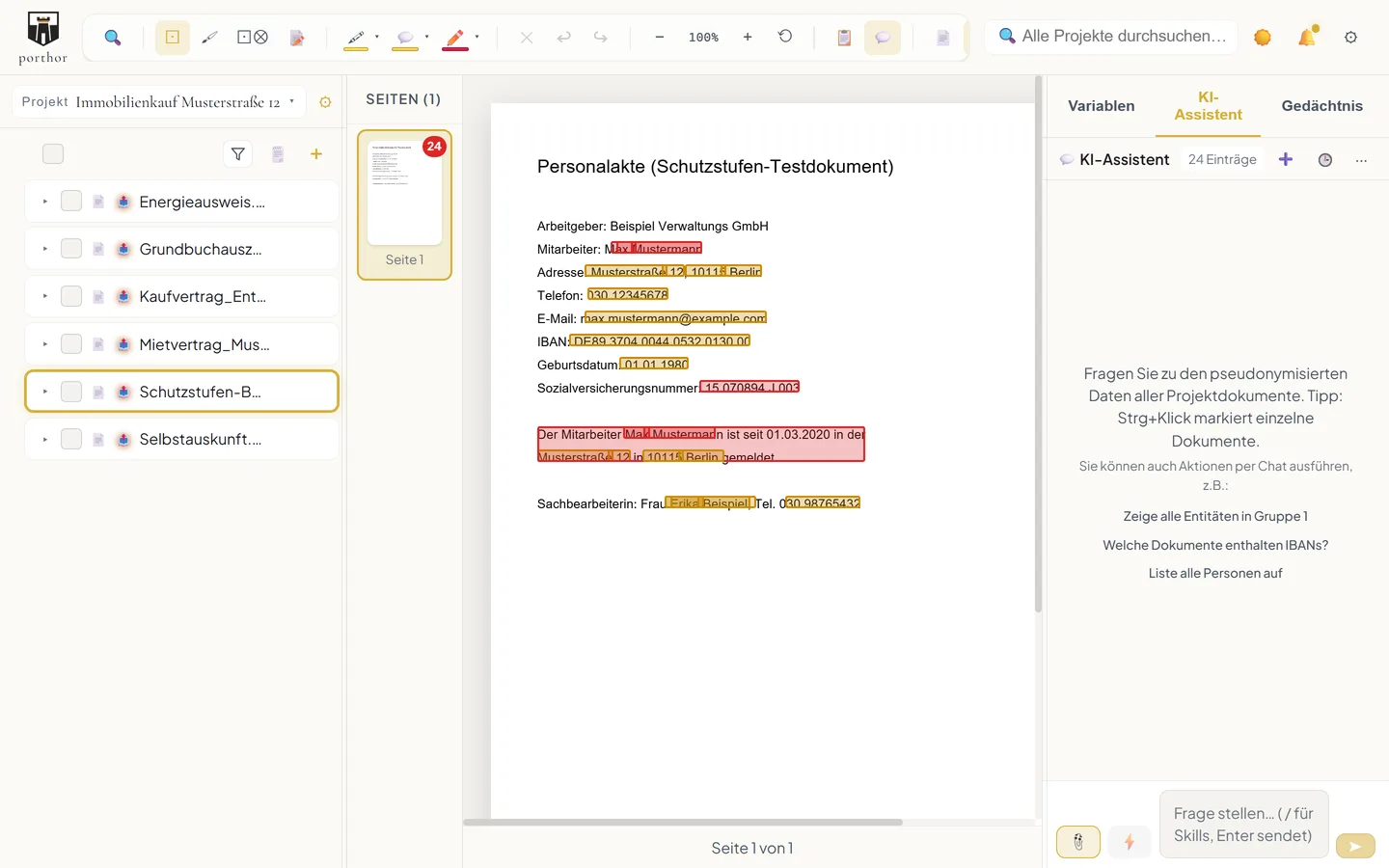 porthor Pro – Software zur Dokumentschwärzung von Stefan Holhut 5 porthor PDF-Viewer helles Theme mit farbigen Schutzstufen-Markierungen
