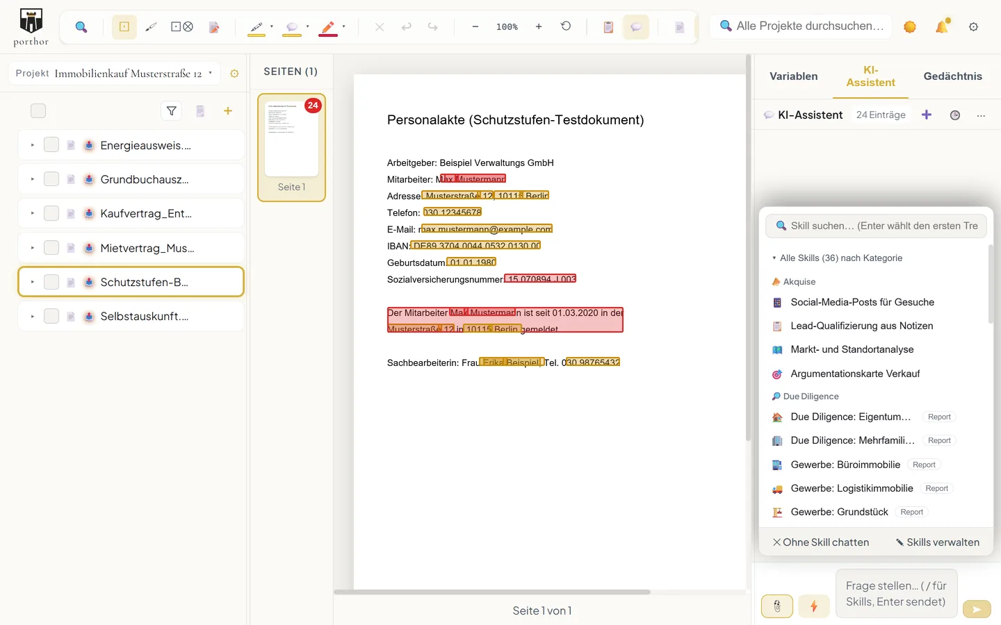 porthor Pro – Software zur Dokumentschwärzung von Stefan Holhut 8 porthor KI-Assistent mit Skill-Picker-Auswahl nach Kategorien helles Interface