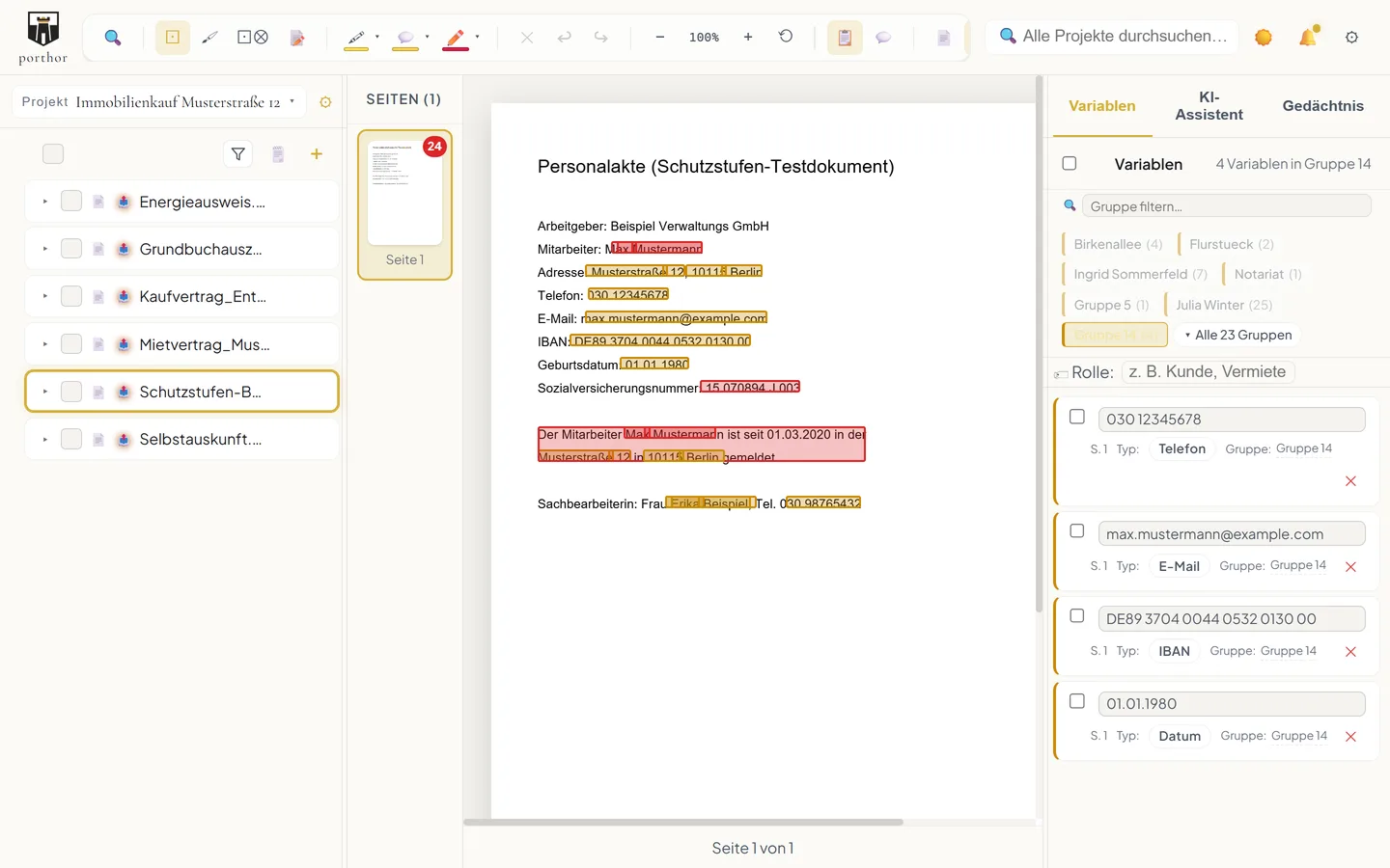 porthor Pro – Software zur Dokumentschwärzung von Stefan Holhut 9 porthor Variablenliste mit Zuordnung von Platzhaltern zu Originalangaben helles Theme
