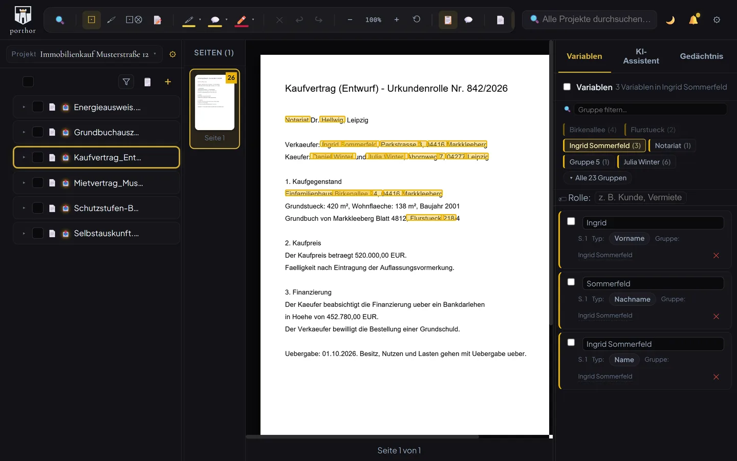 porthor Pro – Software zur Dokumentschwärzung von Stefan Holhut 10 porthor Dokumentliste dunkles Theme mit orange-gelben Markierungen